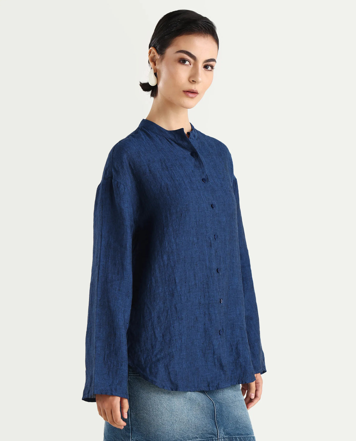 Rareism Women's Nent Navy 100% Linen Mandarin Collar Regular Fit Top