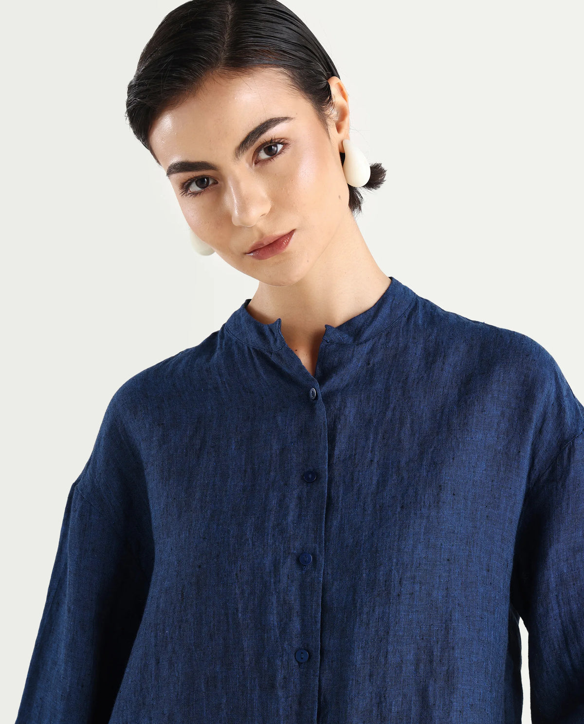Rareism Women's Nent Navy 100% Linen Mandarin Collar Regular Fit Top