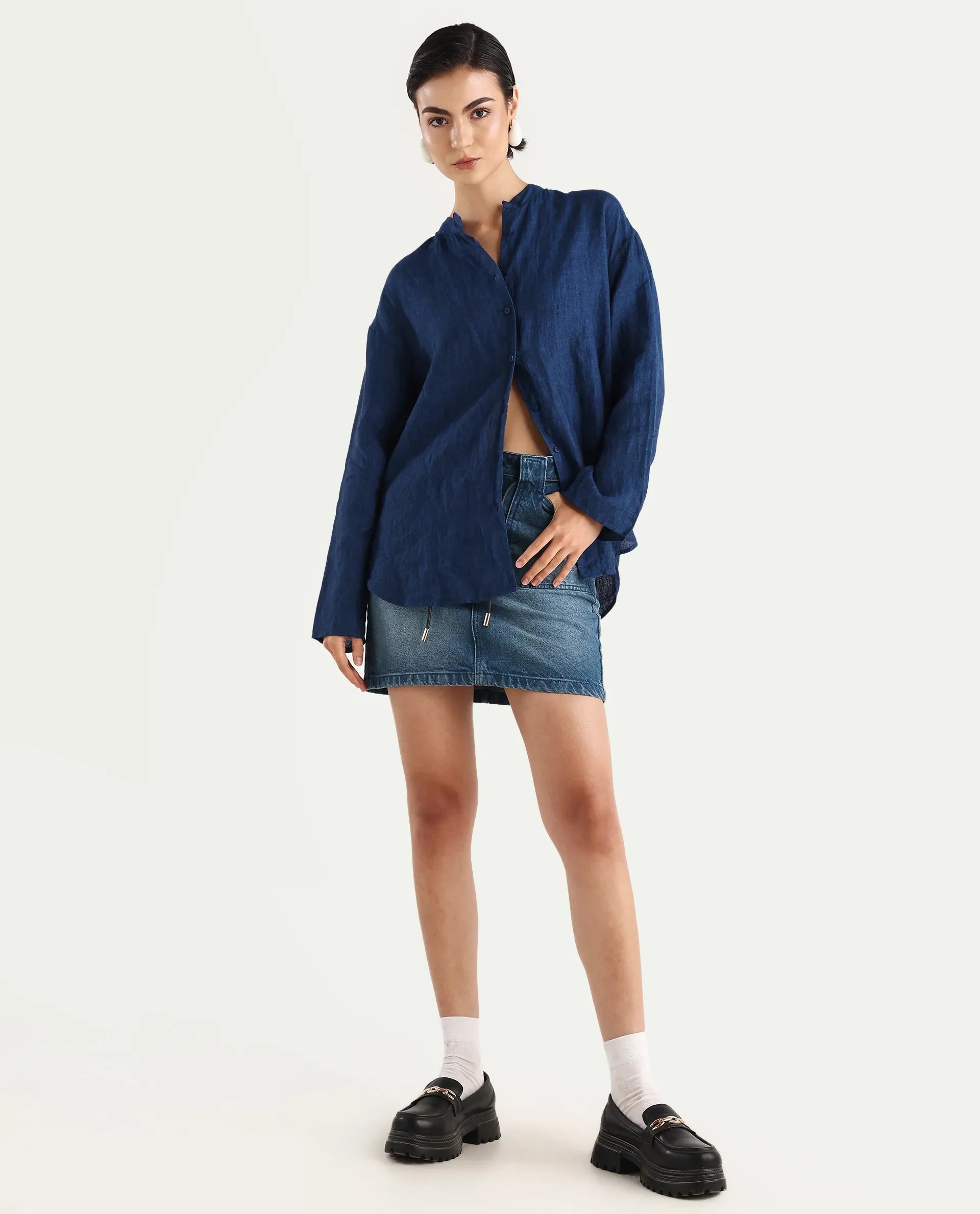 Rareism Women's Nent Navy Linen Mandarin Collar Regular Fit Top