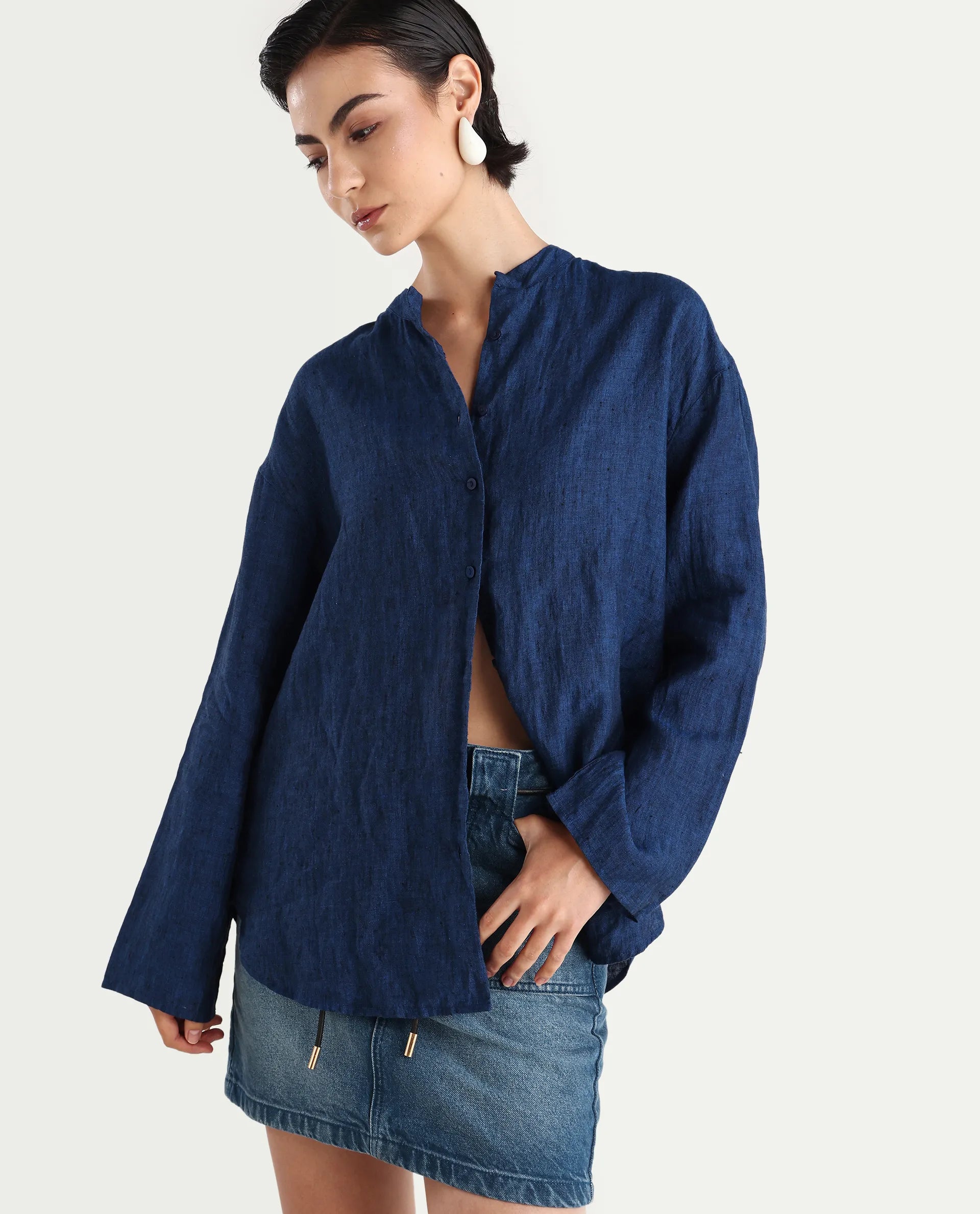 Rareism Women's Nent Navy Linen Mandarin Collar Regular Fit Top