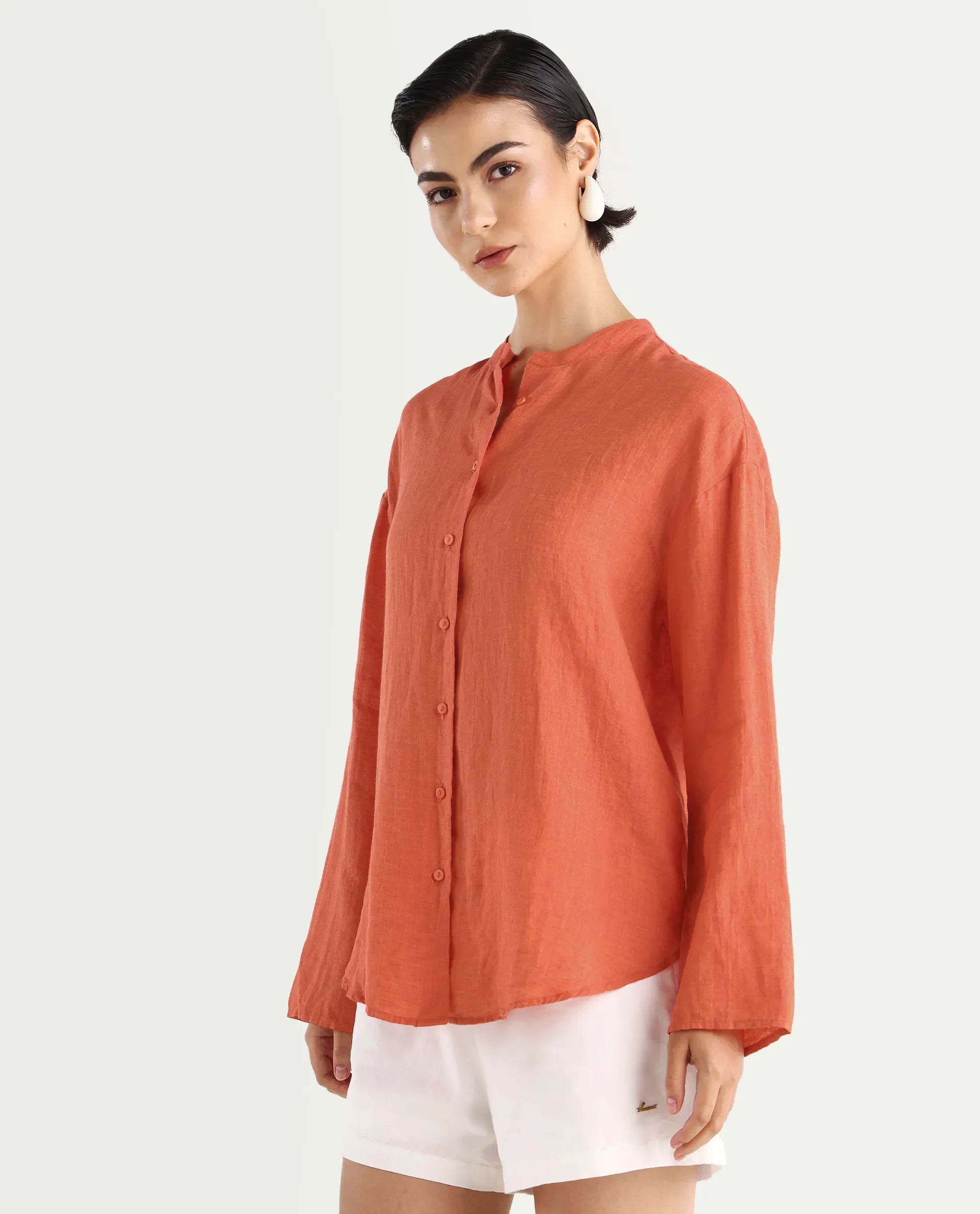 Rareism Women's Nent Orange Linen Mandarin Collar Regular Fit Plain Top