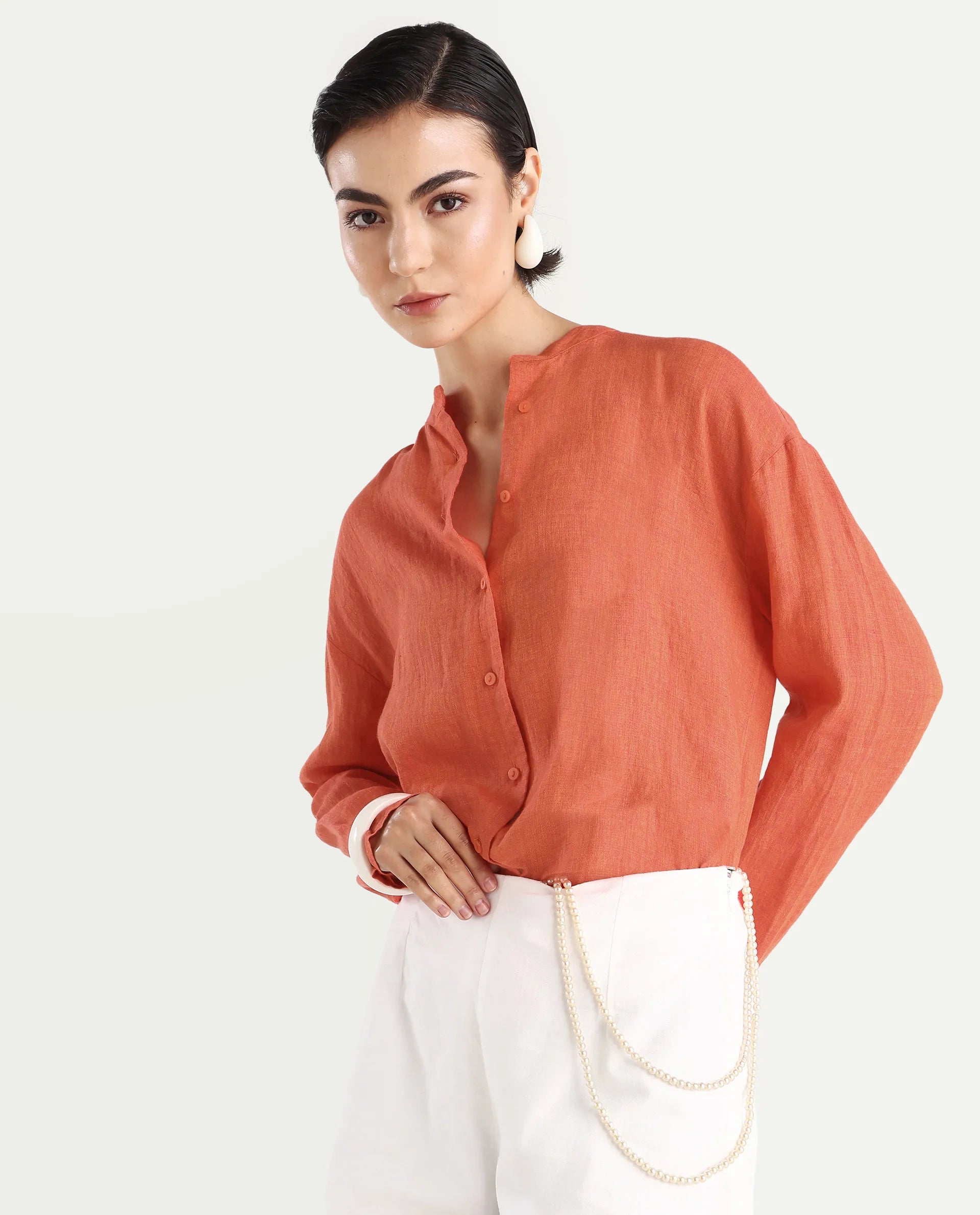 Rareism Women's Nent Orange 100% Linen Mandarin Collar Regular Fit Plain Top
