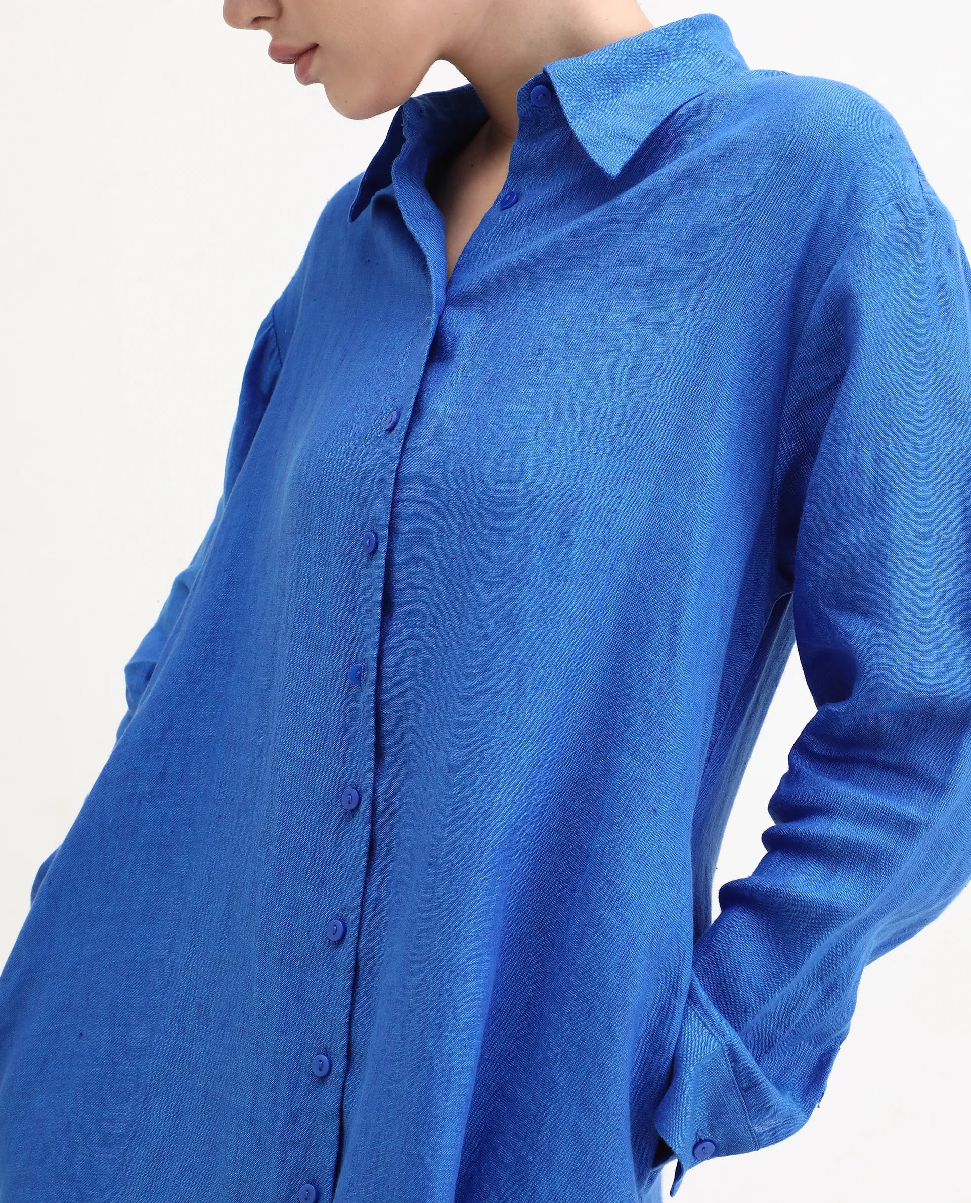 Rareism Women's Nentu Blue Linen Cuffed Sleeve Spread Collar Relaxed Fit Plain Dress