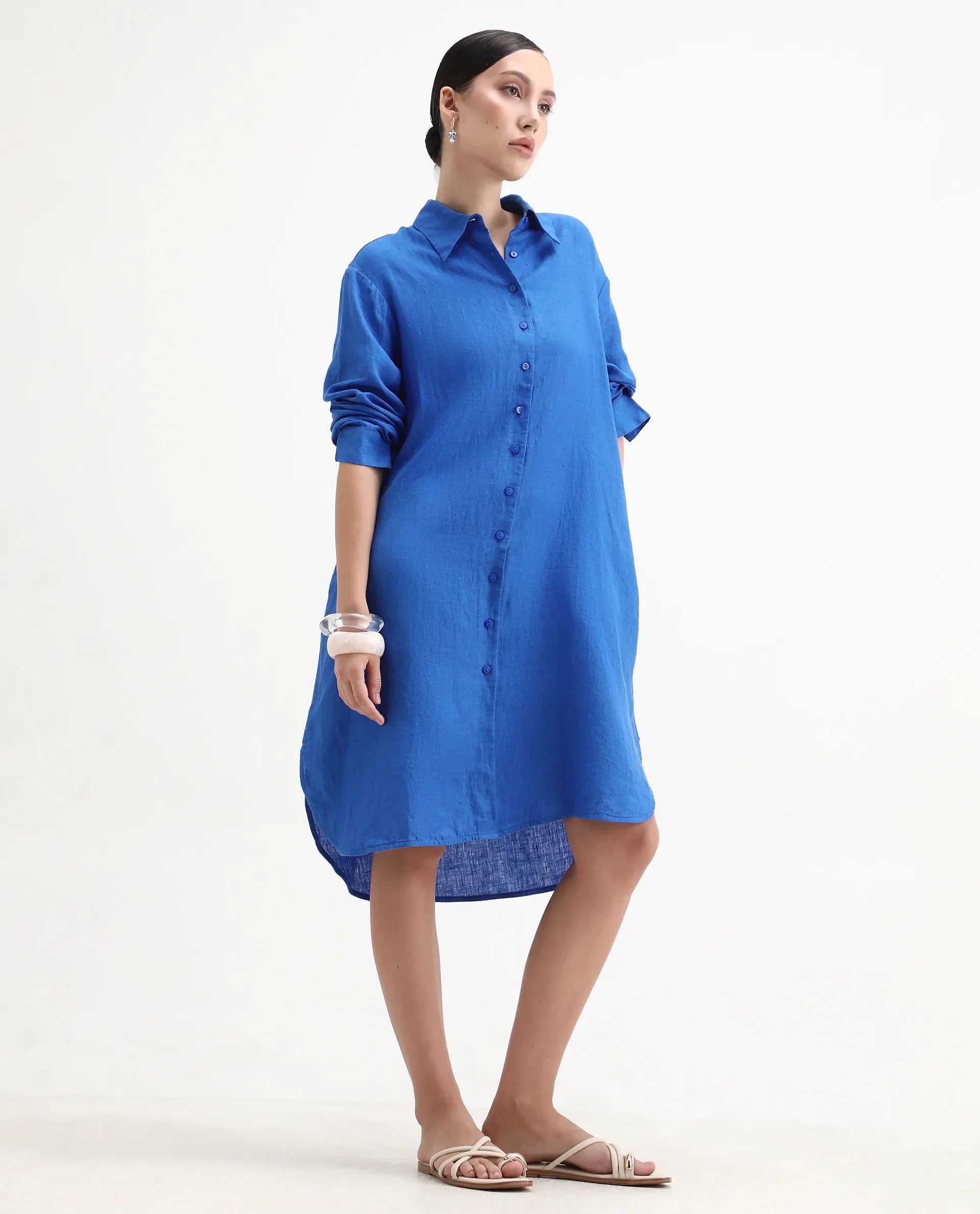 Rareism Women's Nentu Blue Linen Cuffed Sleeve Spread Collar Relaxed Fit Plain Dress