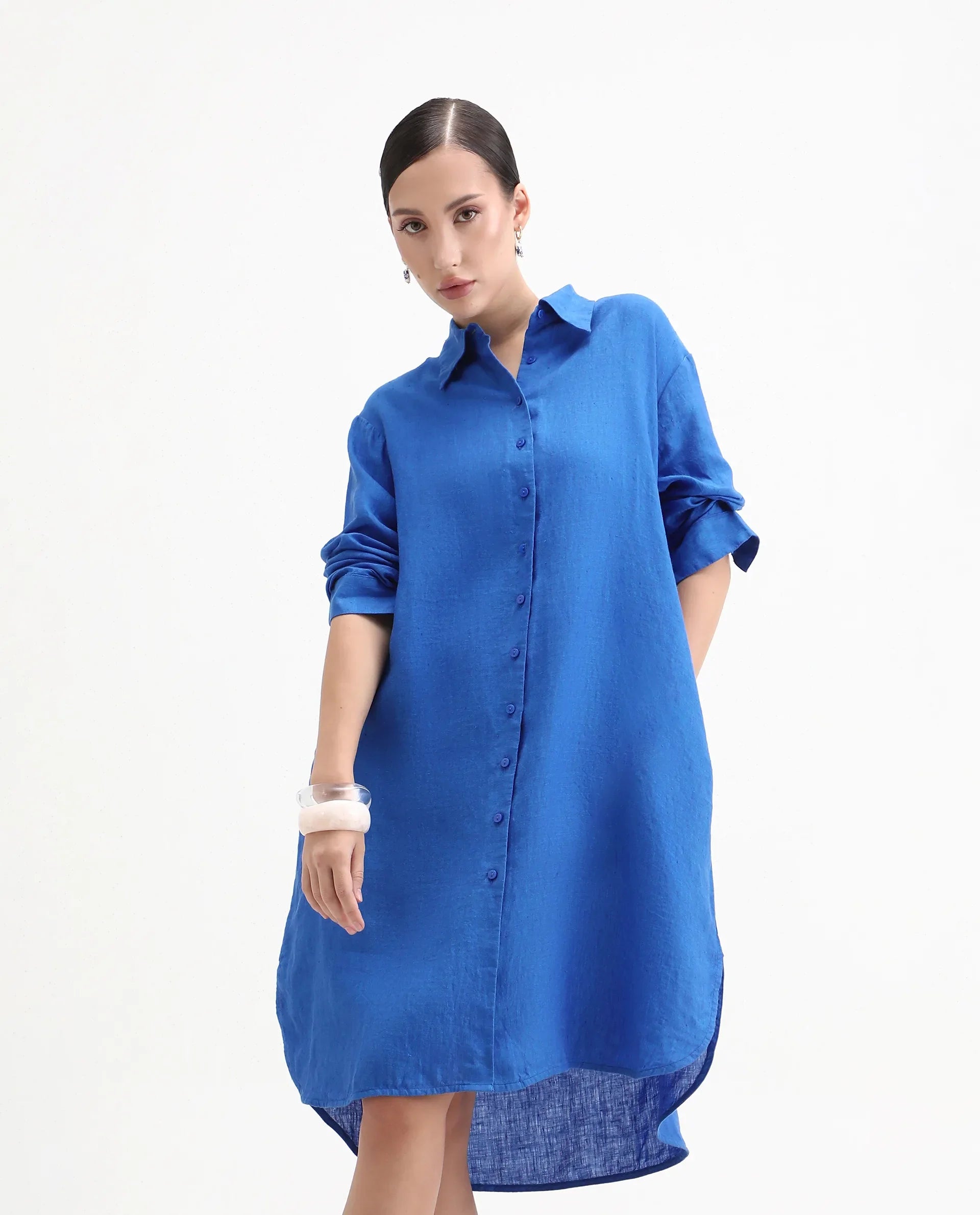 Rareism Women's Nentu Blue Linen Cuffed Sleeve Spread Collar Relaxed Fit Plain Dress