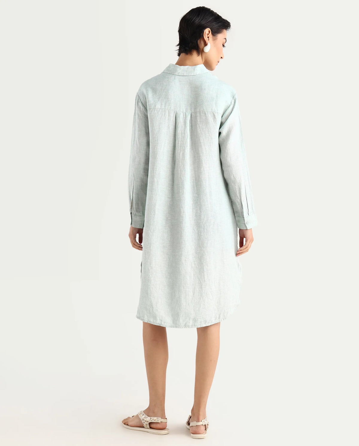 Rareism Women's Nentu Dusky Green 100% Linen Cuffed Sleeve Spread Collar Relaxed Fit Plain Dress