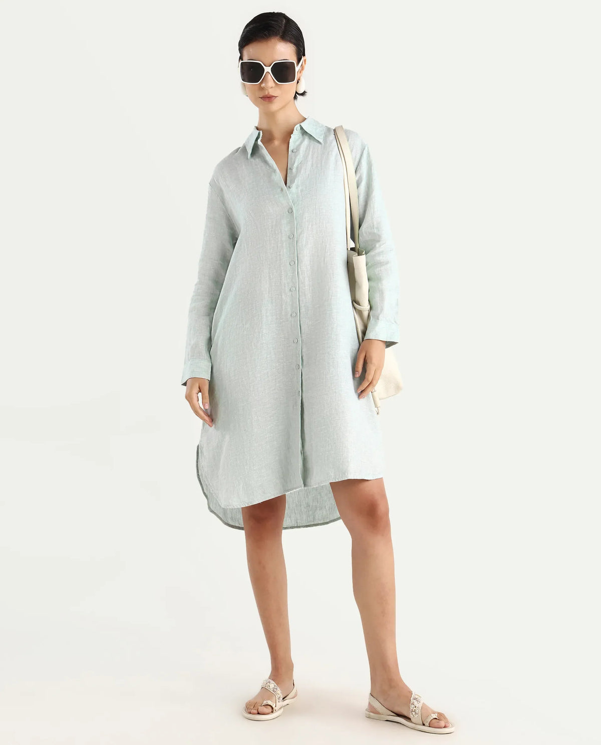 Rareism Women's Nentu Dusky Green 100% Linen Cuffed Sleeve Spread Collar Relaxed Fit Plain Dress