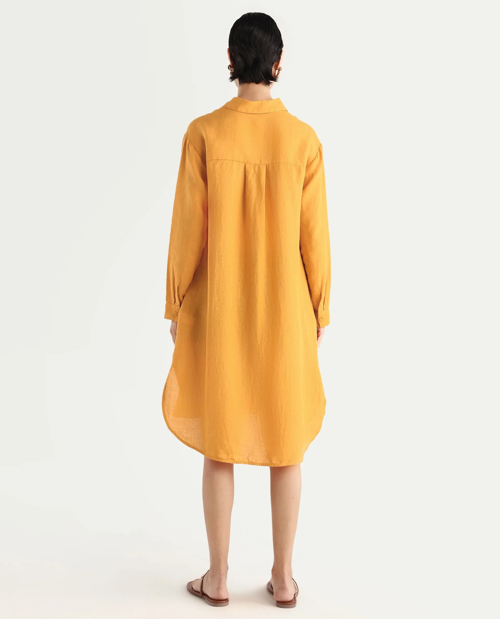 Rareism Women's Nentu Orange 100% Linen Cuffed Sleeve Spread Collar Relaxed Fit Plain Dress