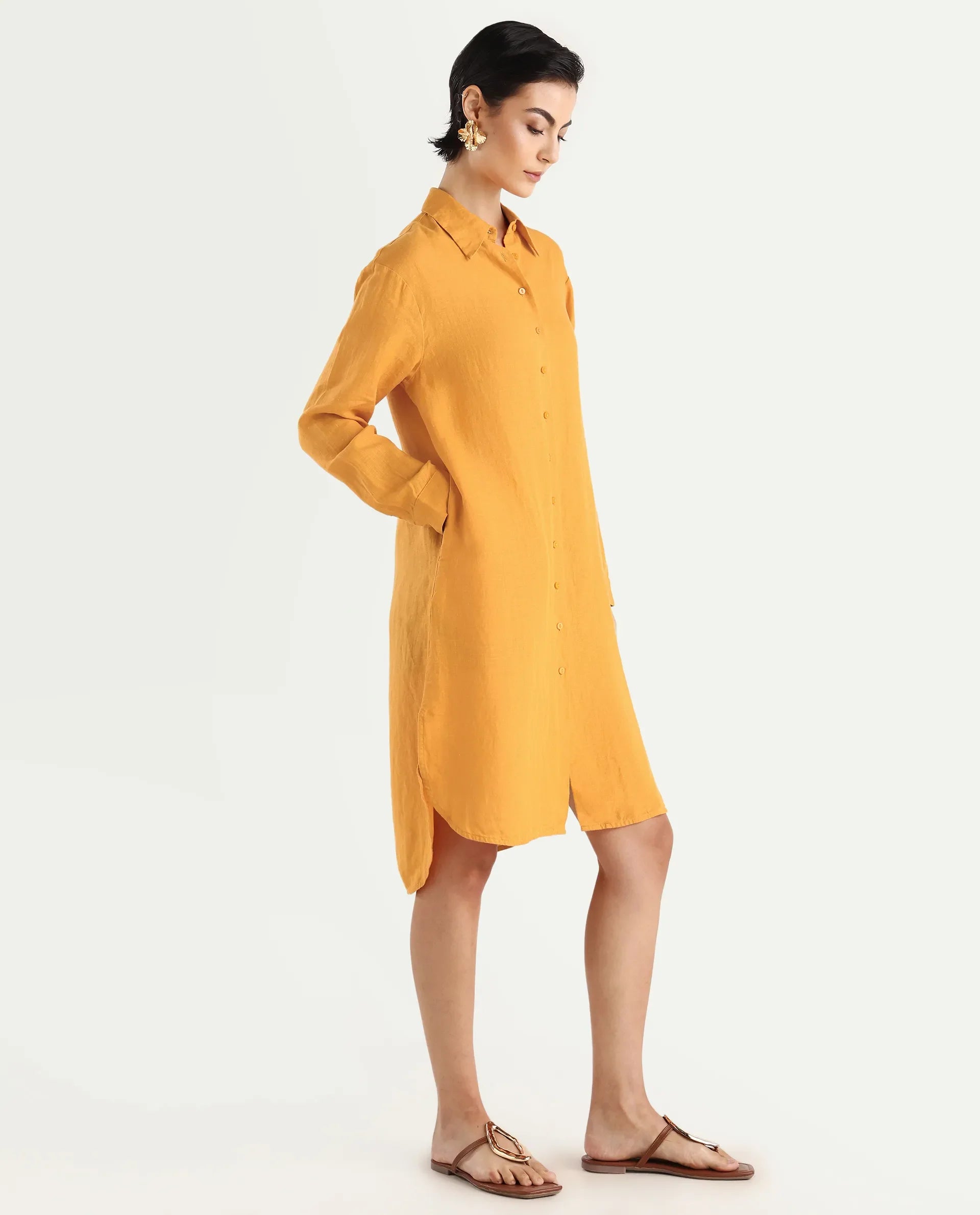 Rareism Women's Nentu Orange Linen Cuffed Sleeve Spread Collar Relaxed Fit Plain Dress