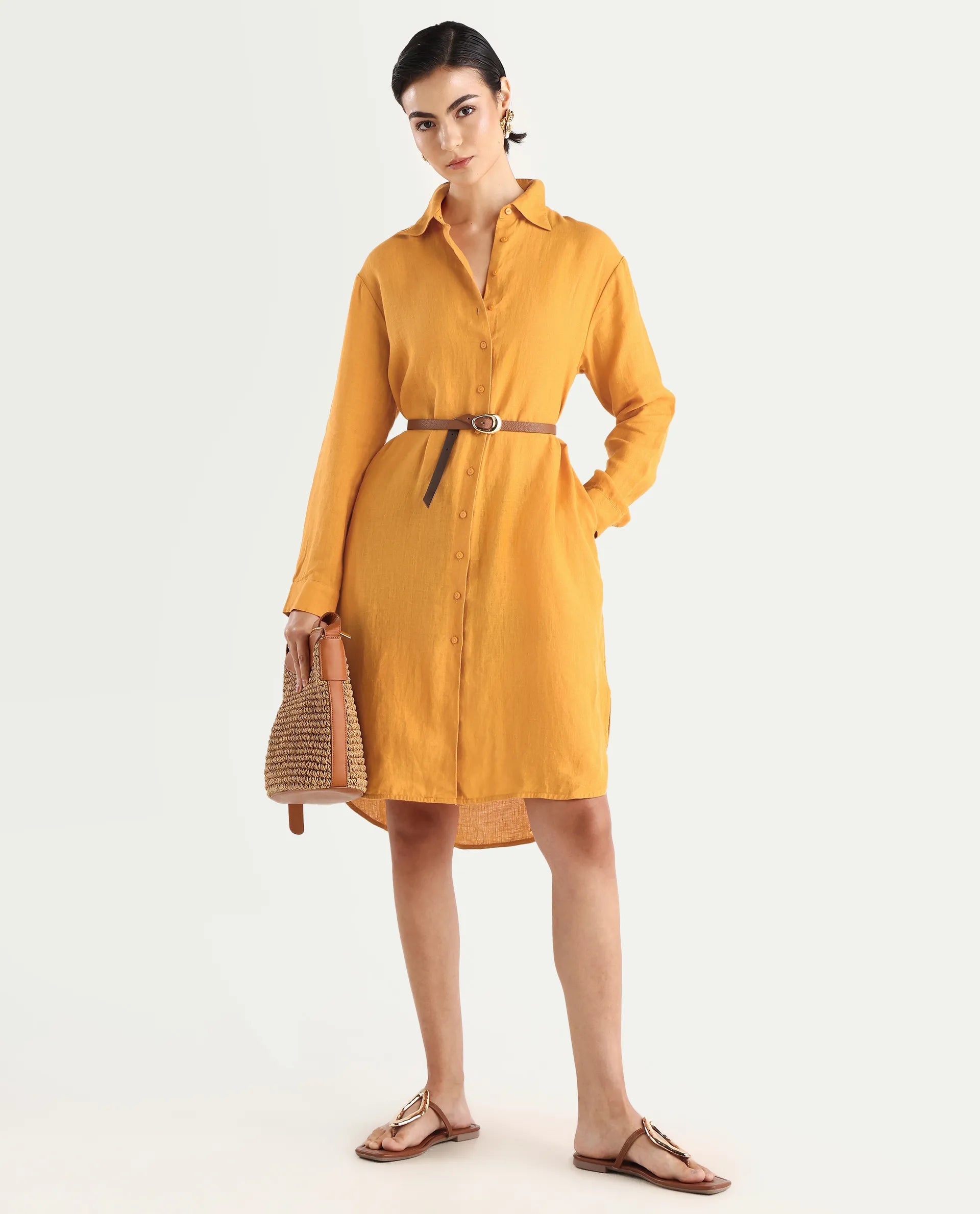 Rareism Women's Nentu Orange 100% Linen Cuffed Sleeve Spread Collar Relaxed Fit Plain Dress