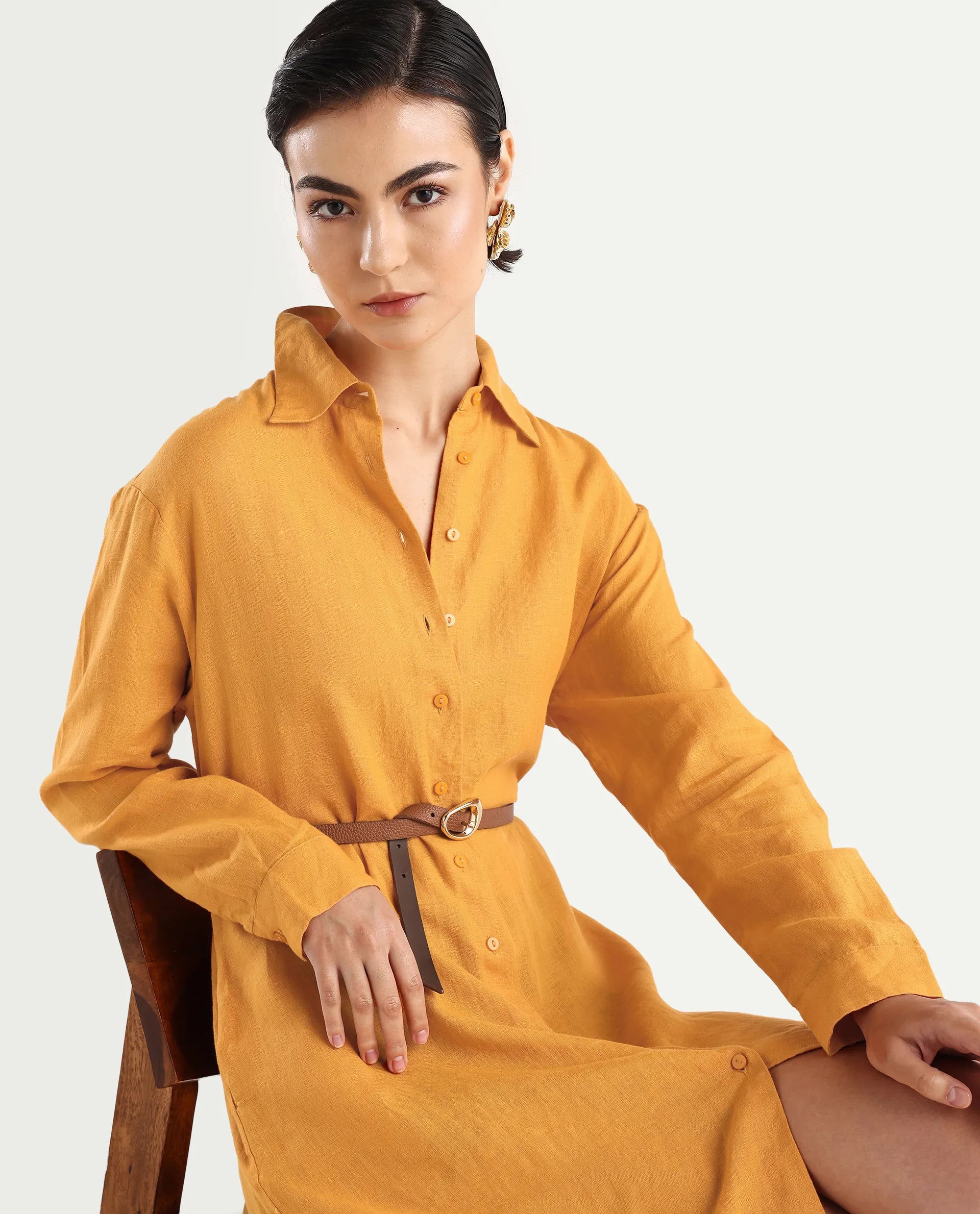 Rareism Women's Nentu Orange 100% Linen Cuffed Sleeve Spread Collar Relaxed Fit Plain Dress