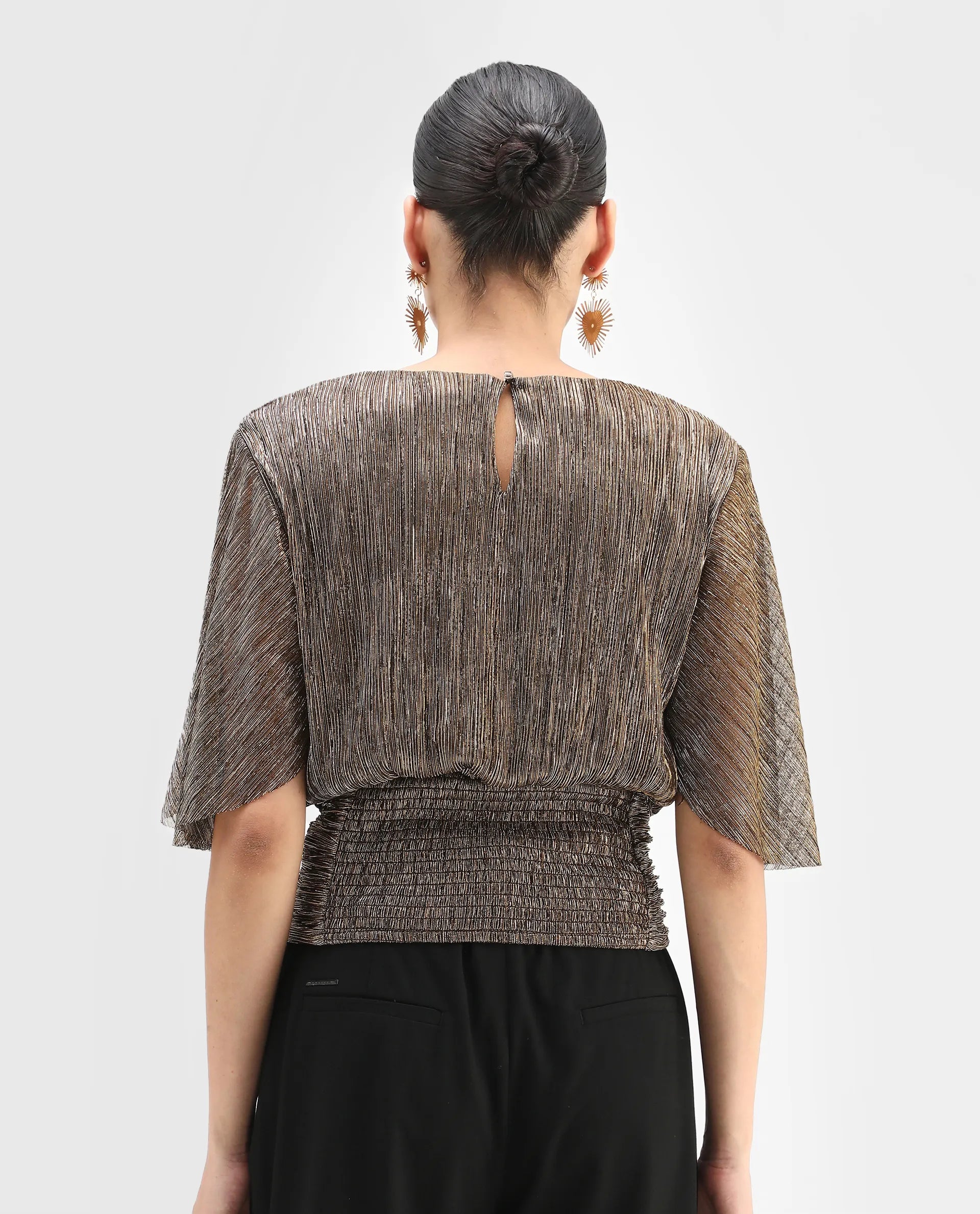 Rareism Women's Nergi Metalic Gold Polyester V-Neck Shimmer Puff Sleeves Regular Fit Top