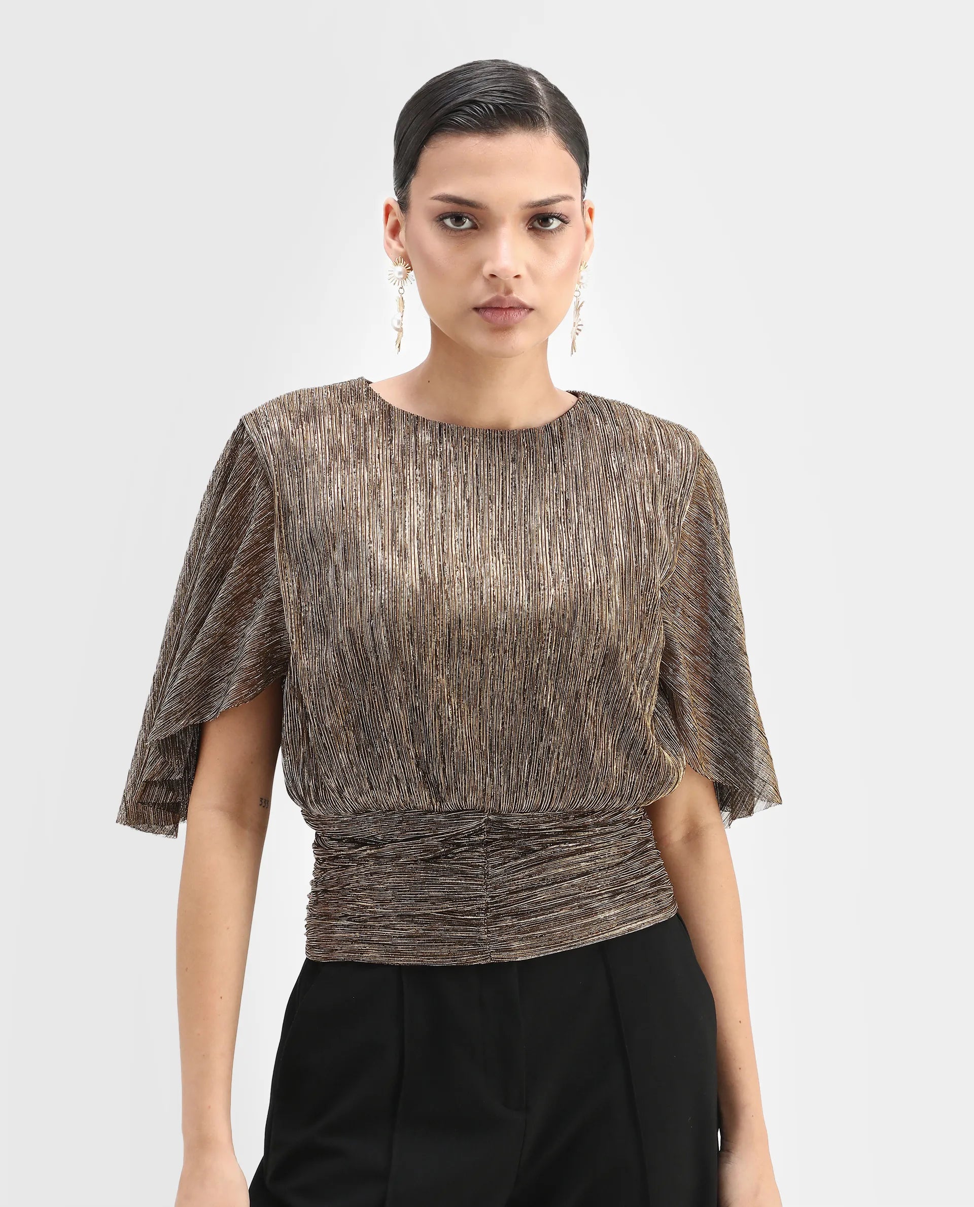 Rareism Women's Nergi Metalic Gold Polyester V-Neck Shimmer Puff Sleeves Regular Fit Top