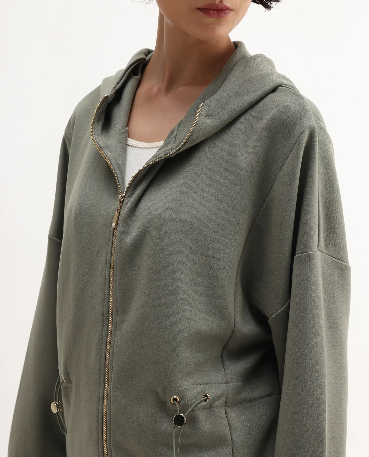 Rareism Women's Nerlo Dusky Green Modal Blend Hooded Relaxed Fit Printed Sweatshirt