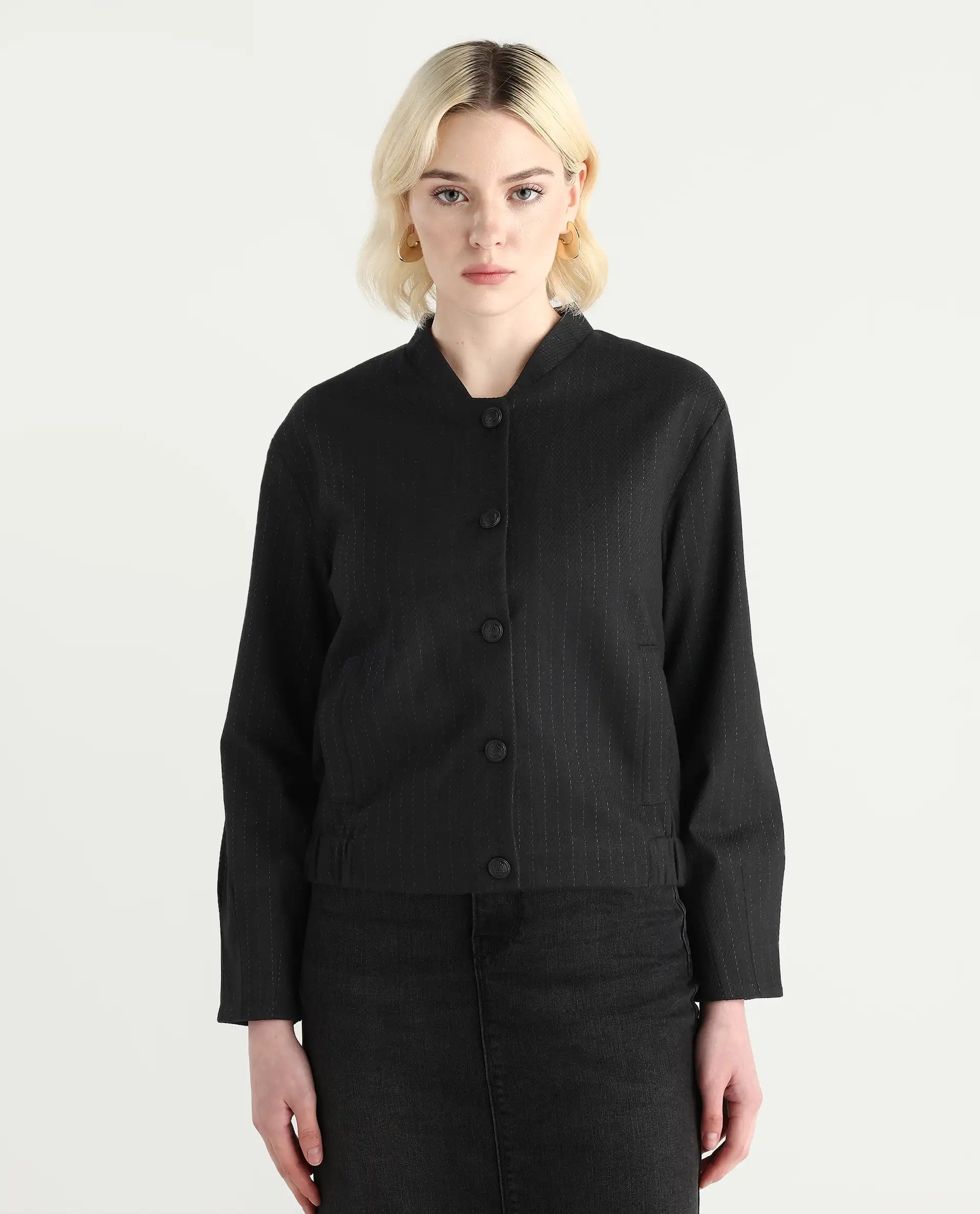 Rareism Women's Nestri Black Polyester Mandrin Collar Regular Fit Plain Jacket