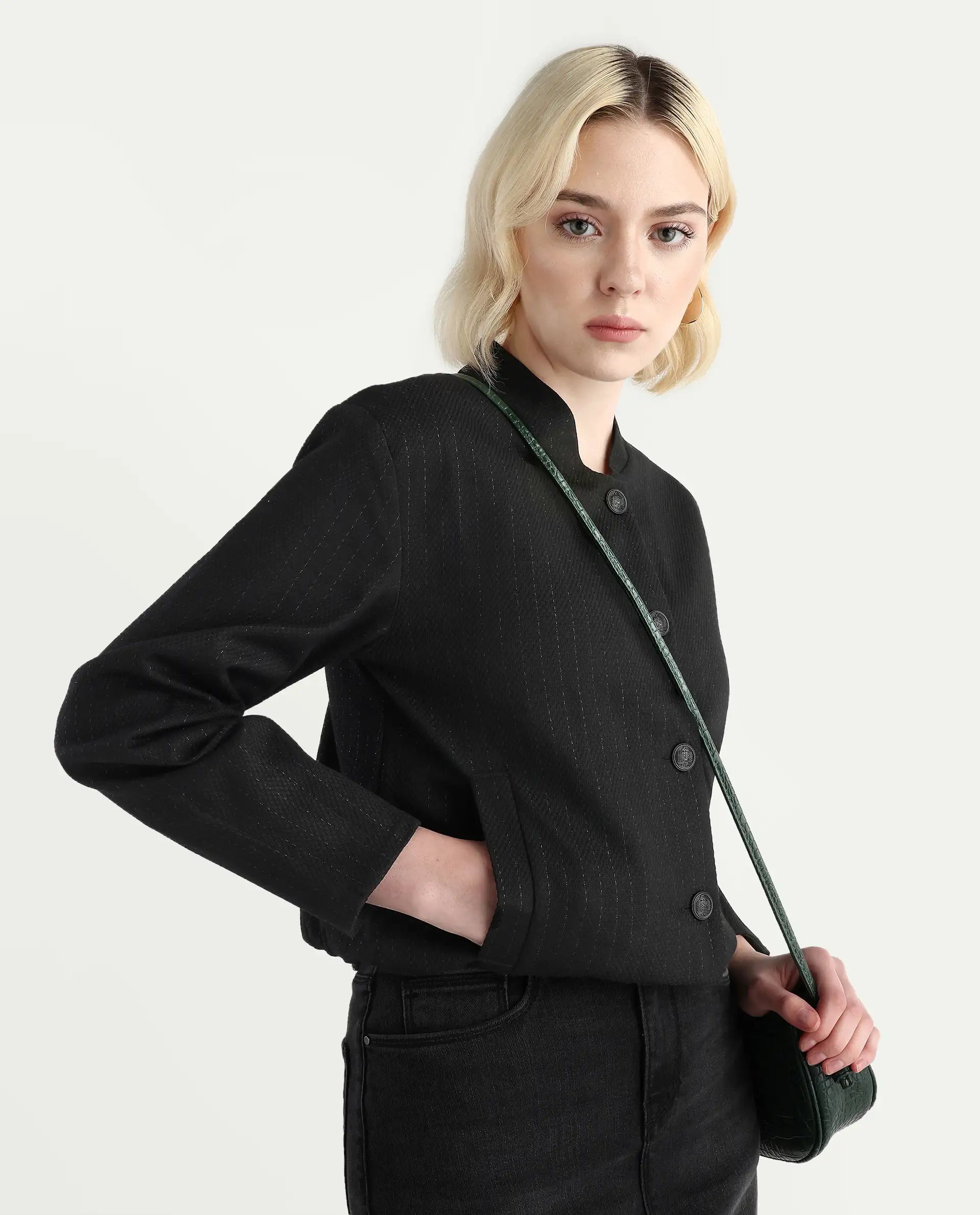 Rareism Women's Nestri Black Polyester Mandrin Collar Regular Fit Plain Jacket