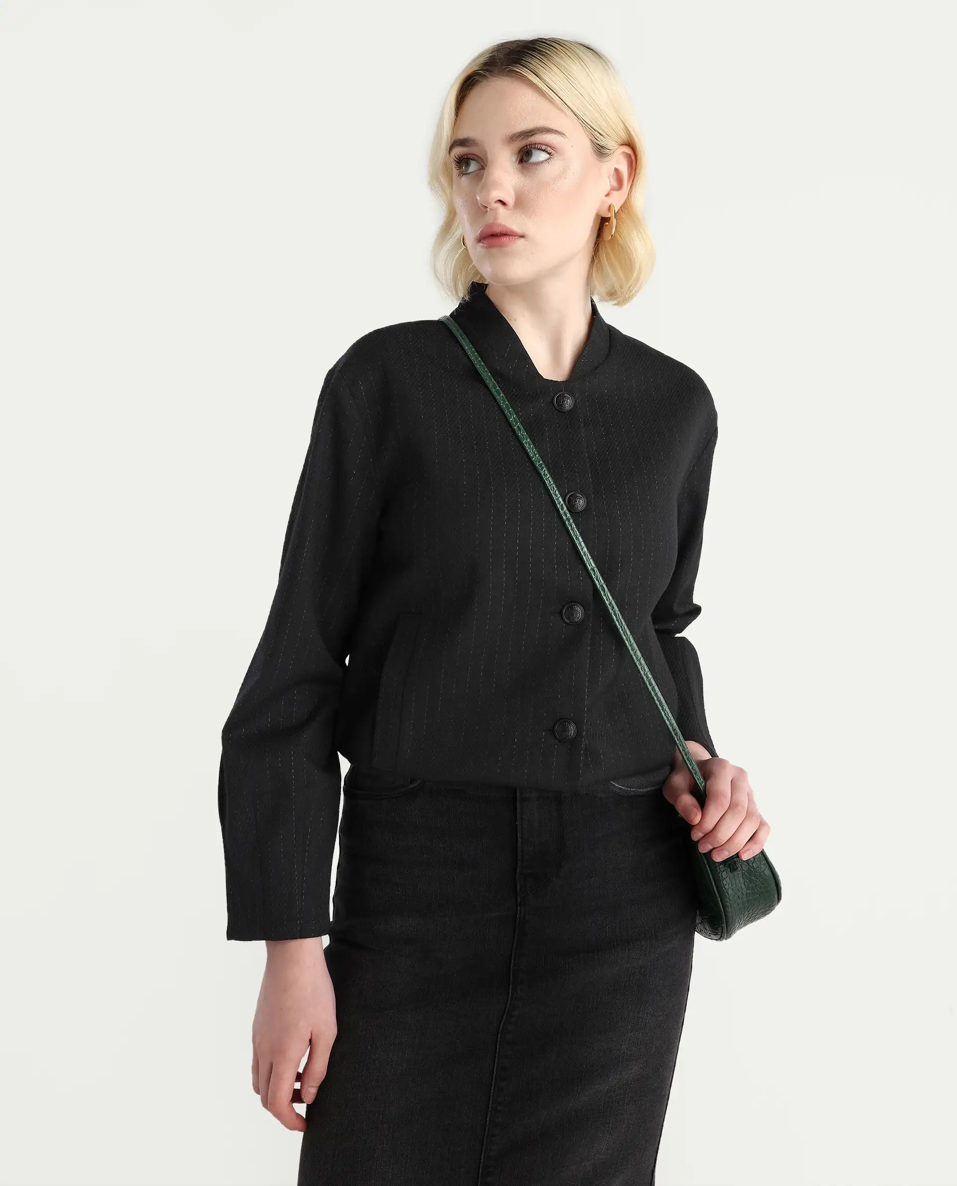 Rareism Women's Nestri Black Polyester Mandrin Collar Regular Fit Plain Jacket