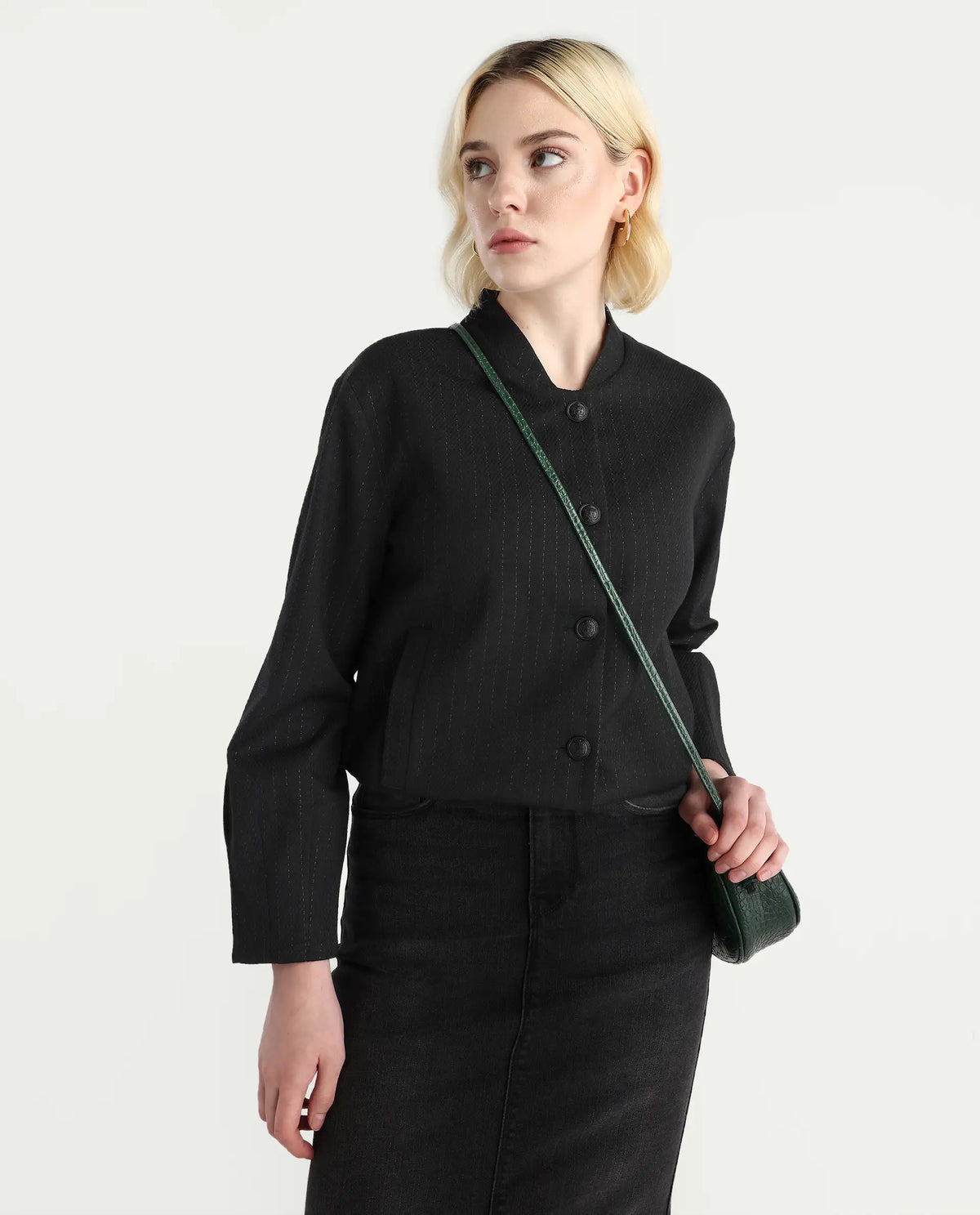 Rareism Women's Nestri Black Polyester Mandrin Collar Regular Fit Plain Jacket