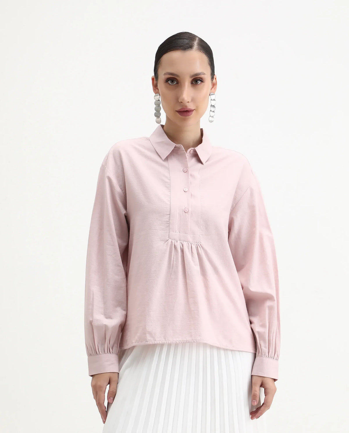 Rareism Women's Netto Pastel Pink Cotton Bishop Sleeve Collared Neck Relaxed Fit Plain Top