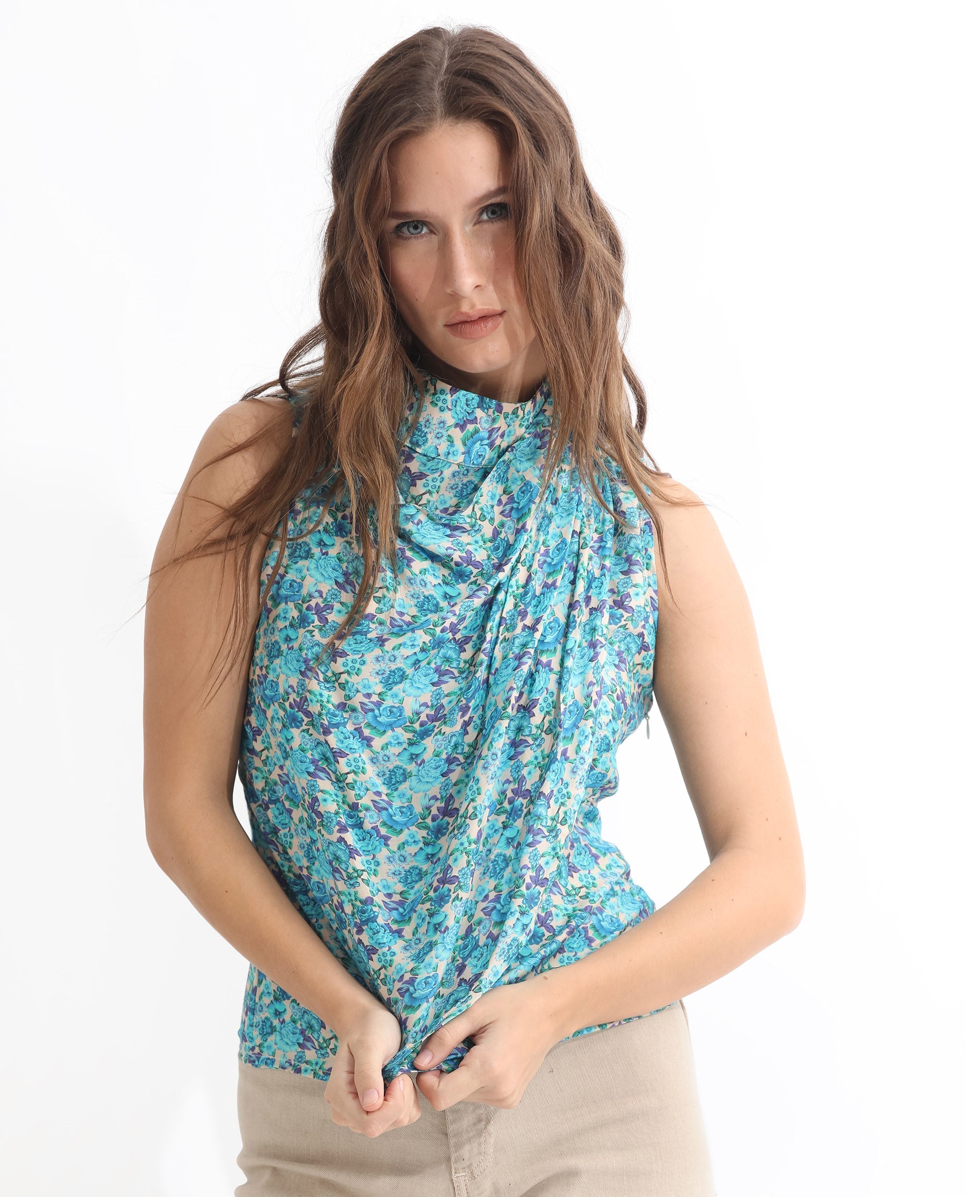 Rareism Women's Never Blue Cotton Blend High Neck Floral Print Sleeveless Tailored Top