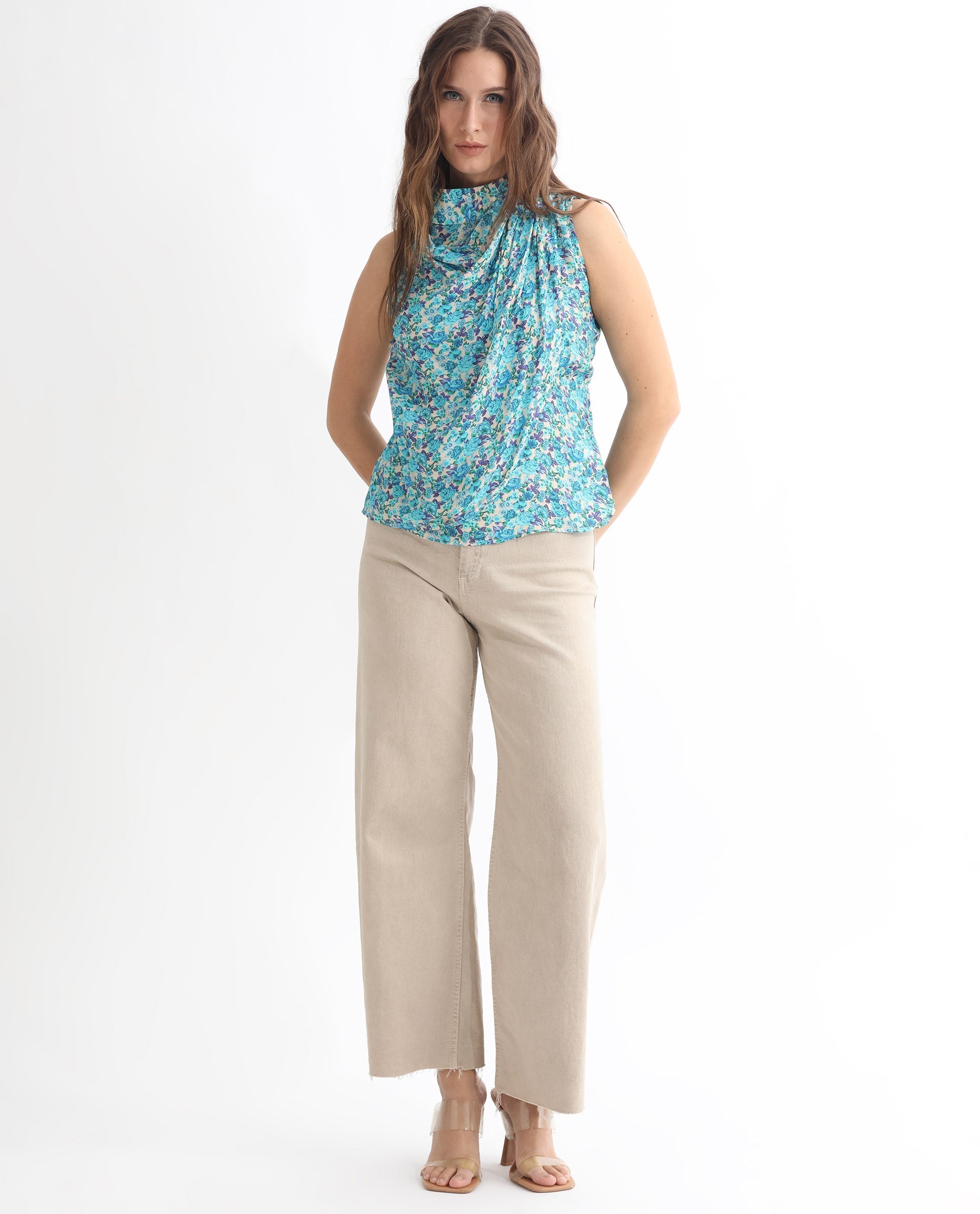 Rareism Women's Never Blue Cotton Blend High Neck Floral Print Sleeveless Tailored Top