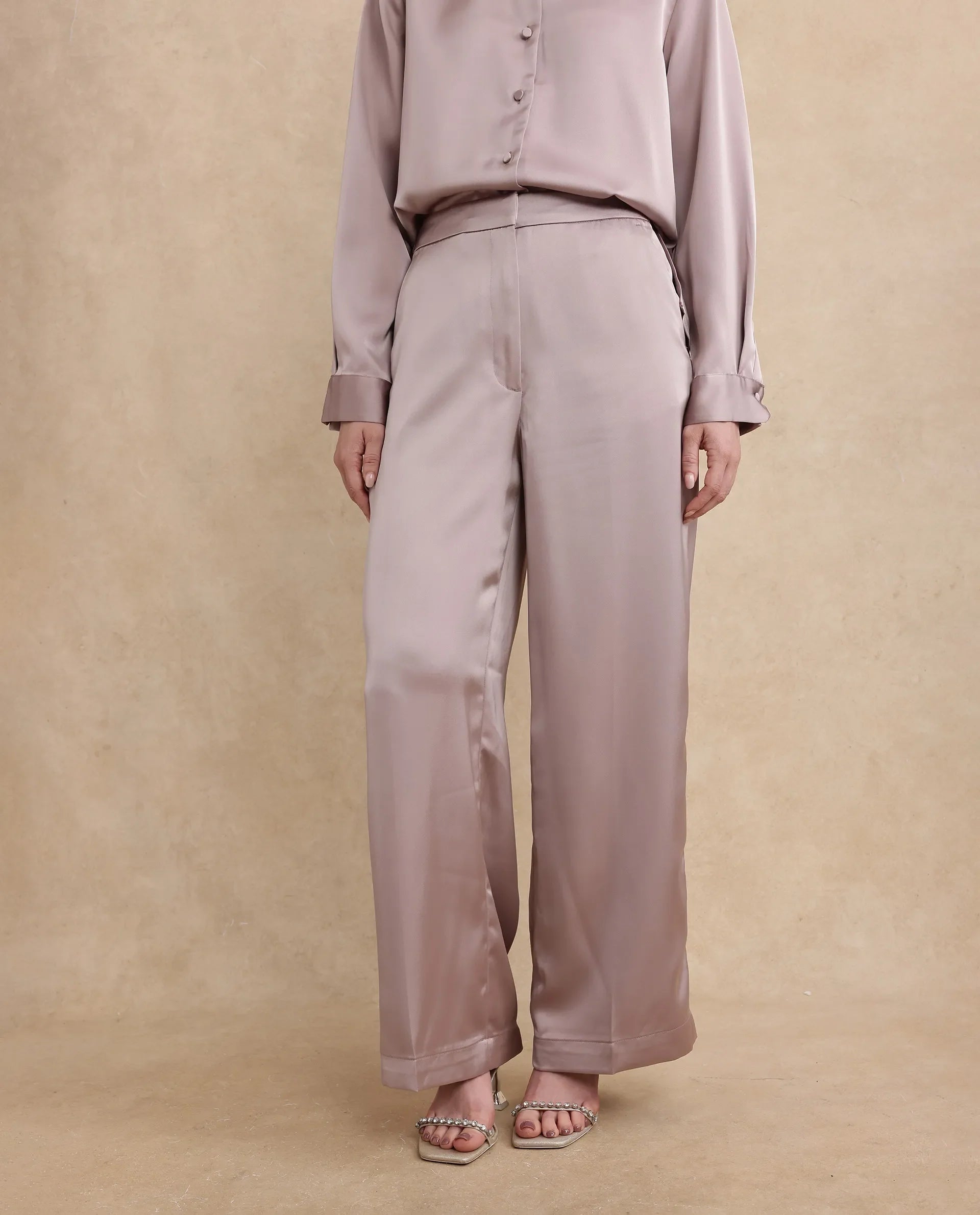 Rareism Women's Nevter B Dusky Beige Polyester Plain Ankle Length Straight Fit Trouser