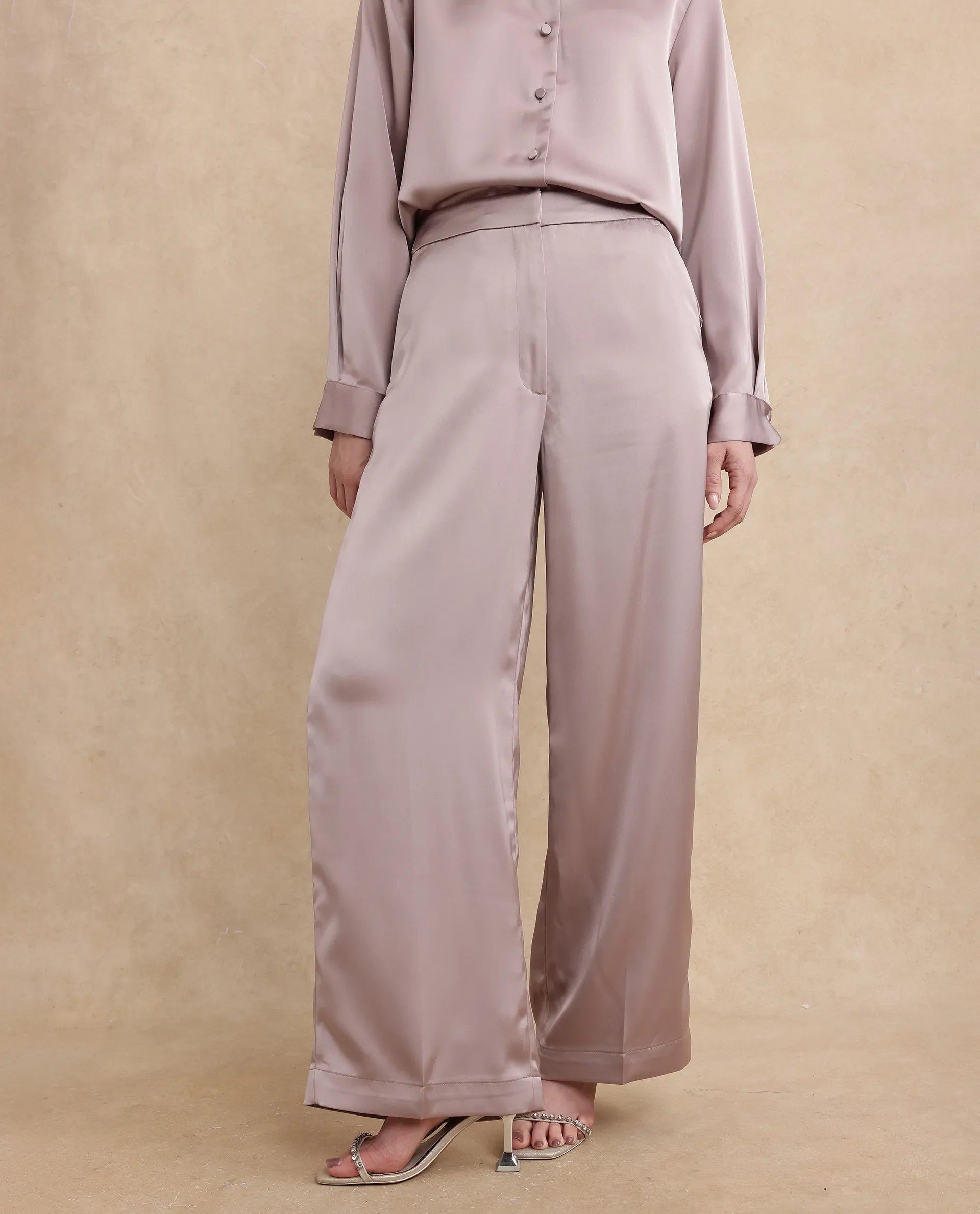 Rareism Women's Nevter B Dusky Beige Polyester Plain Ankle Length Straight Fit Trouser