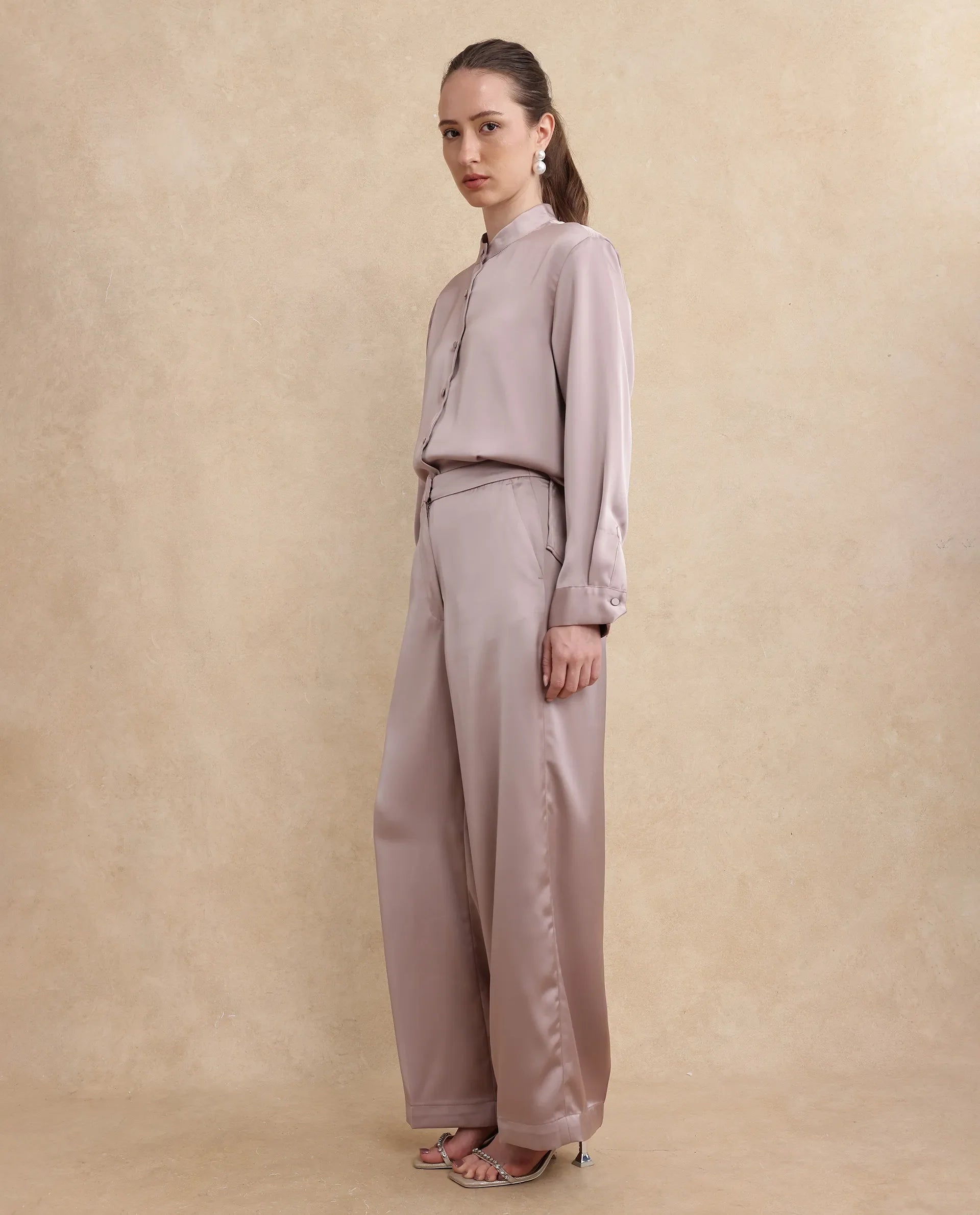 Rareism Women's Nevter B Dusky Beige Polyester Plain Ankle Length Straight Fit Trouser