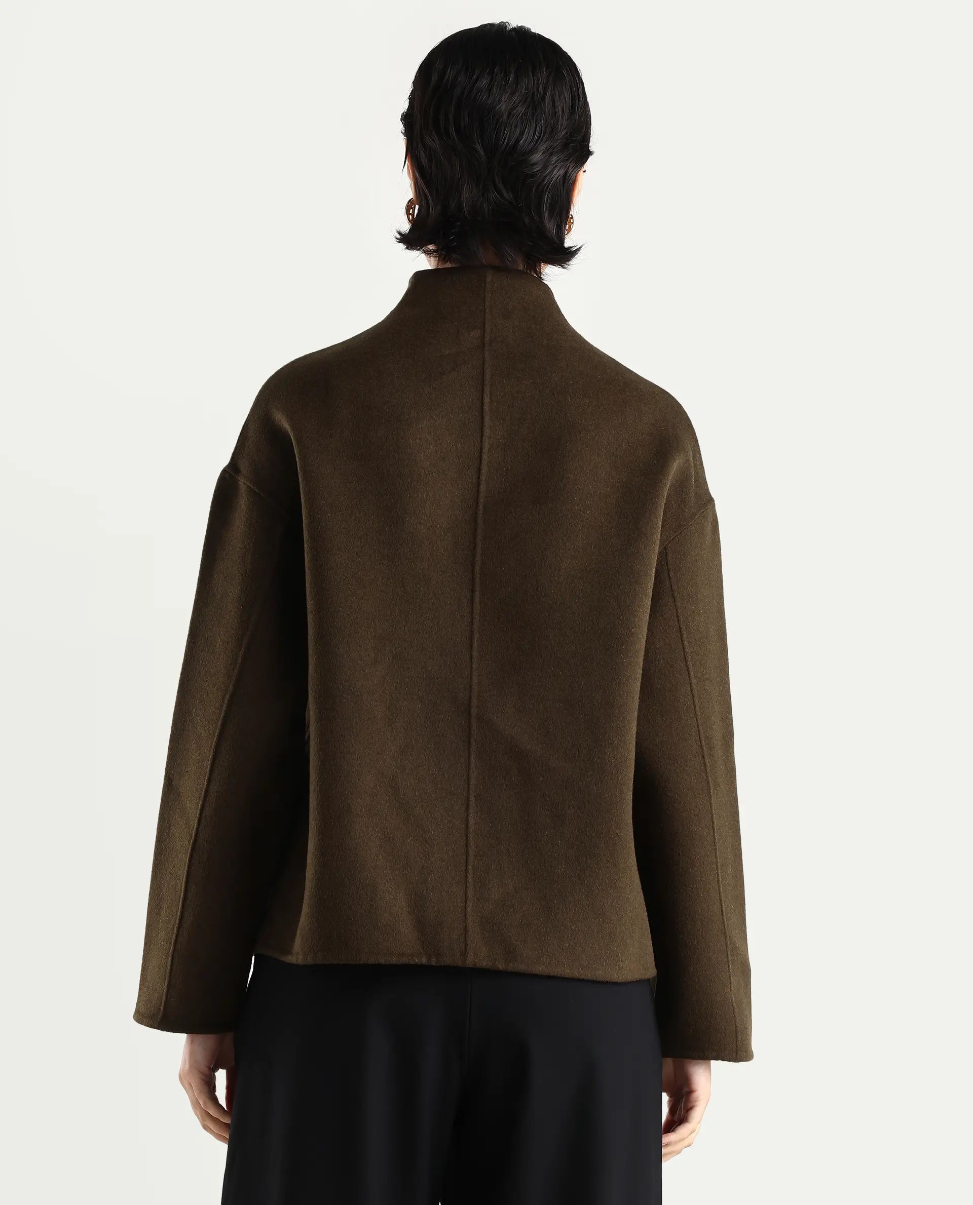 Rareism Women's Newool Olive Polyester Blend High Neck Regular Fit Jacket