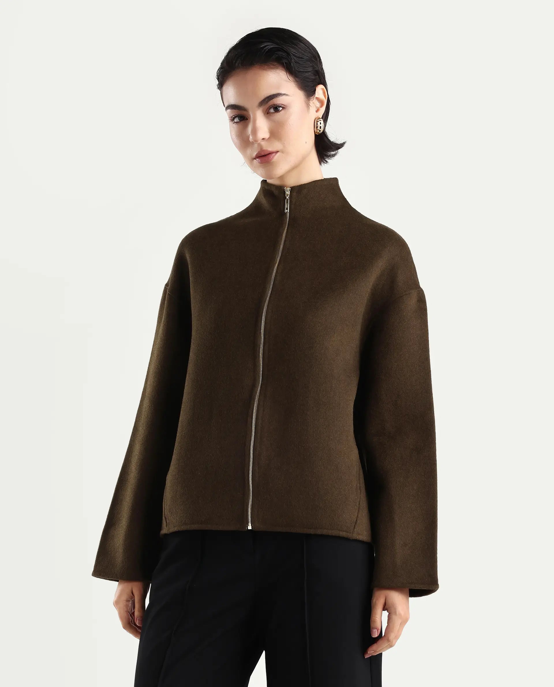 Rareism Women's Newool Olive Polyester Blend High Neck Regular Fit Jacket