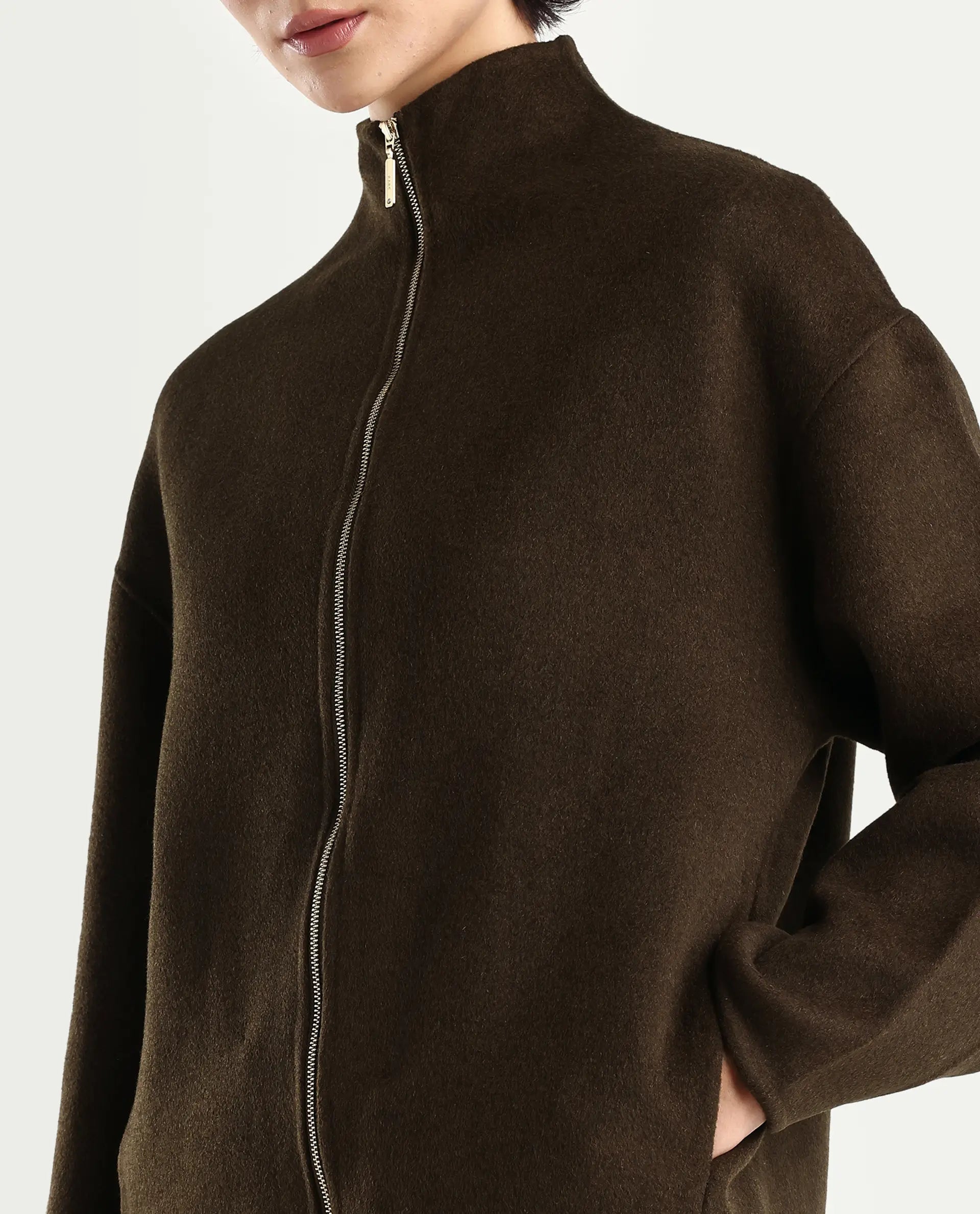 Rareism Women's Newool Olive Polyester Blend High Neck Regular Fit Jacket