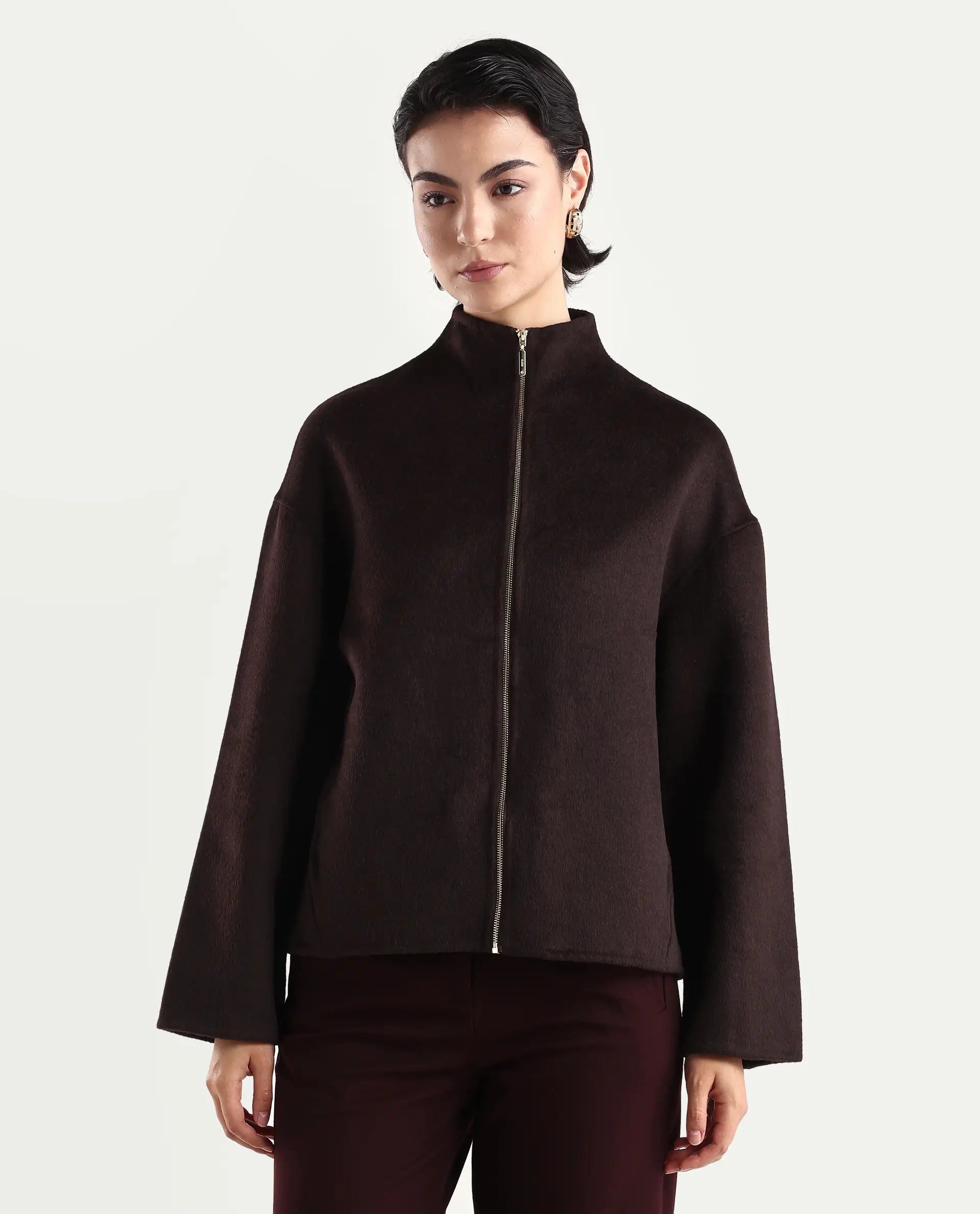 Rareism Women's Newool Prune Polyester Blend High Neck Regular Fit Jacket