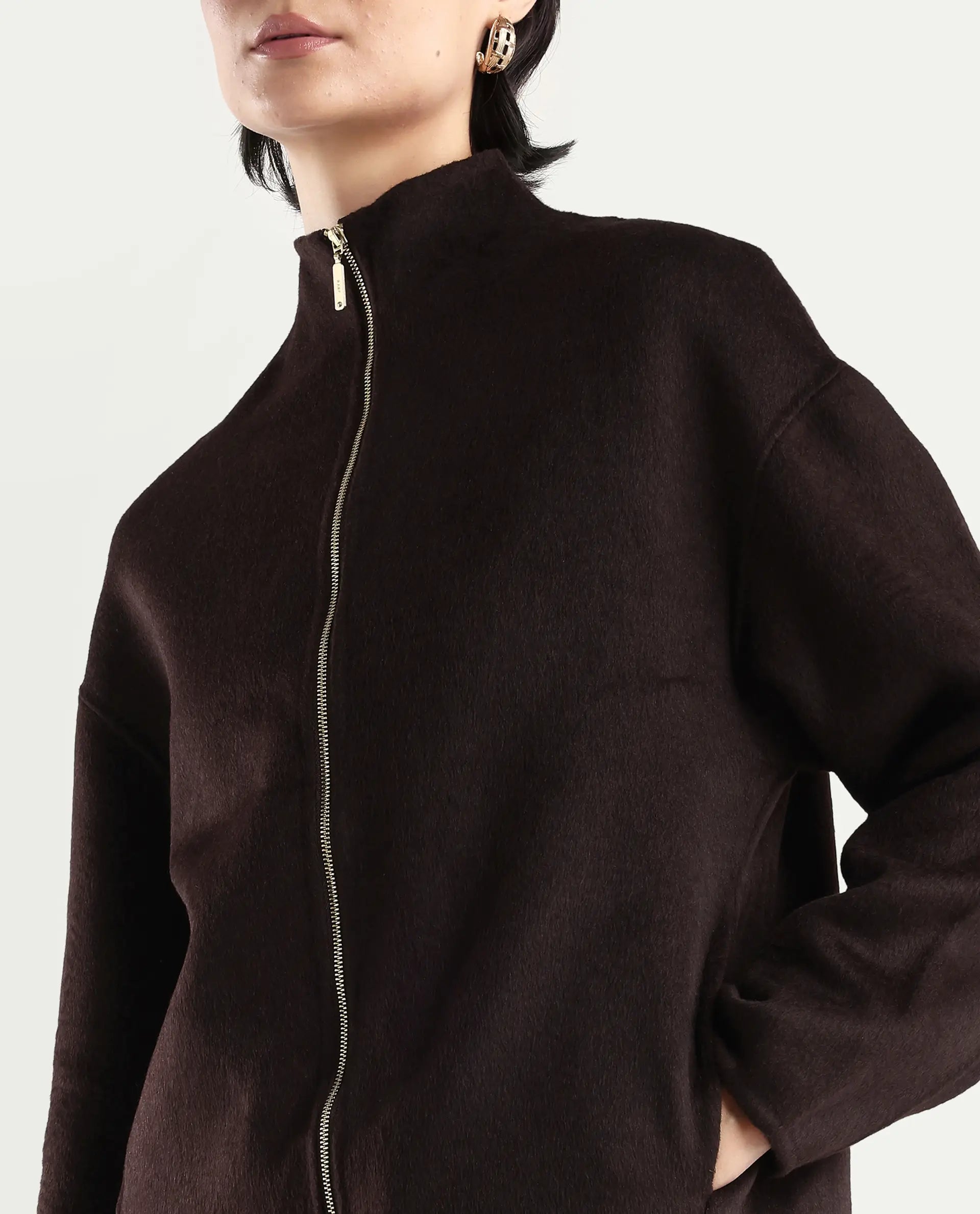 Rareism Women's Newool Prune Polyester Blend High Neck Regular Fit Jacket