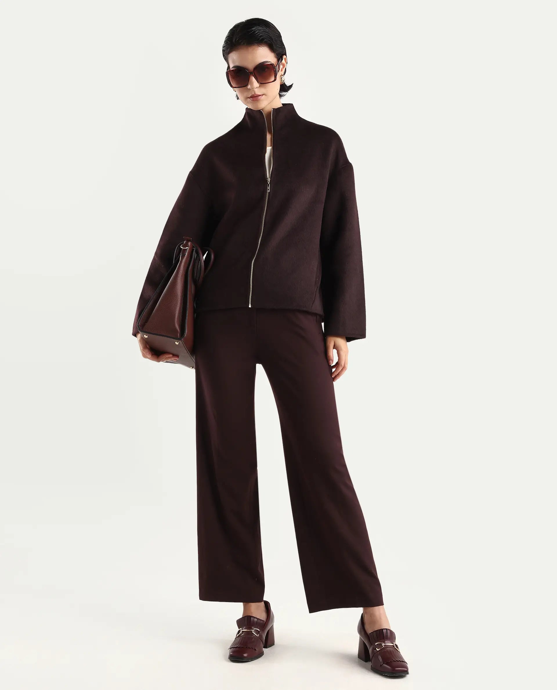 Rareism Women's Newool Prune Polyester Blend High Neck Regular Fit Jacket