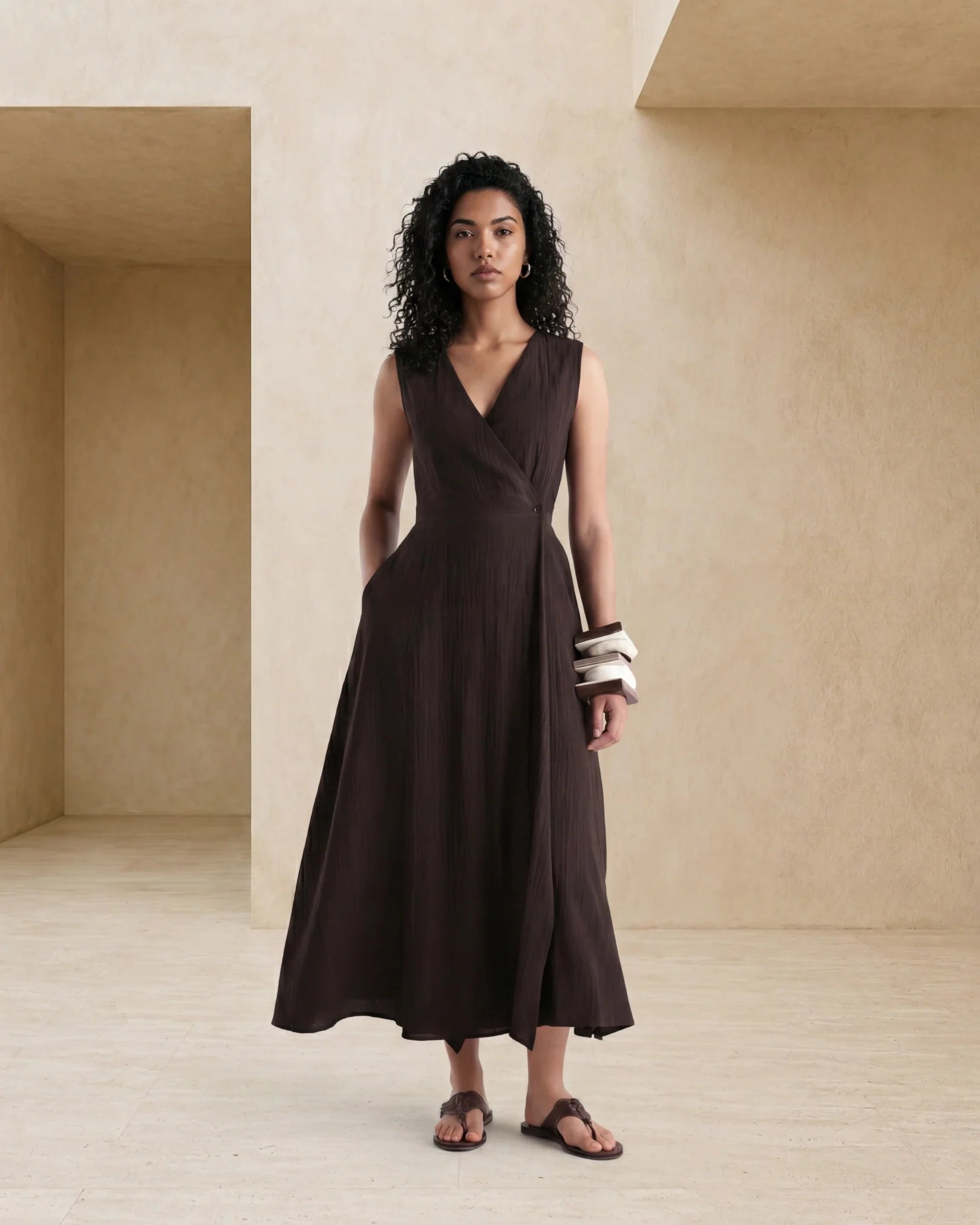Rareism Women's Dusic Brown Viscose Blend Over Lap Button Fit And Flare Plain Dress