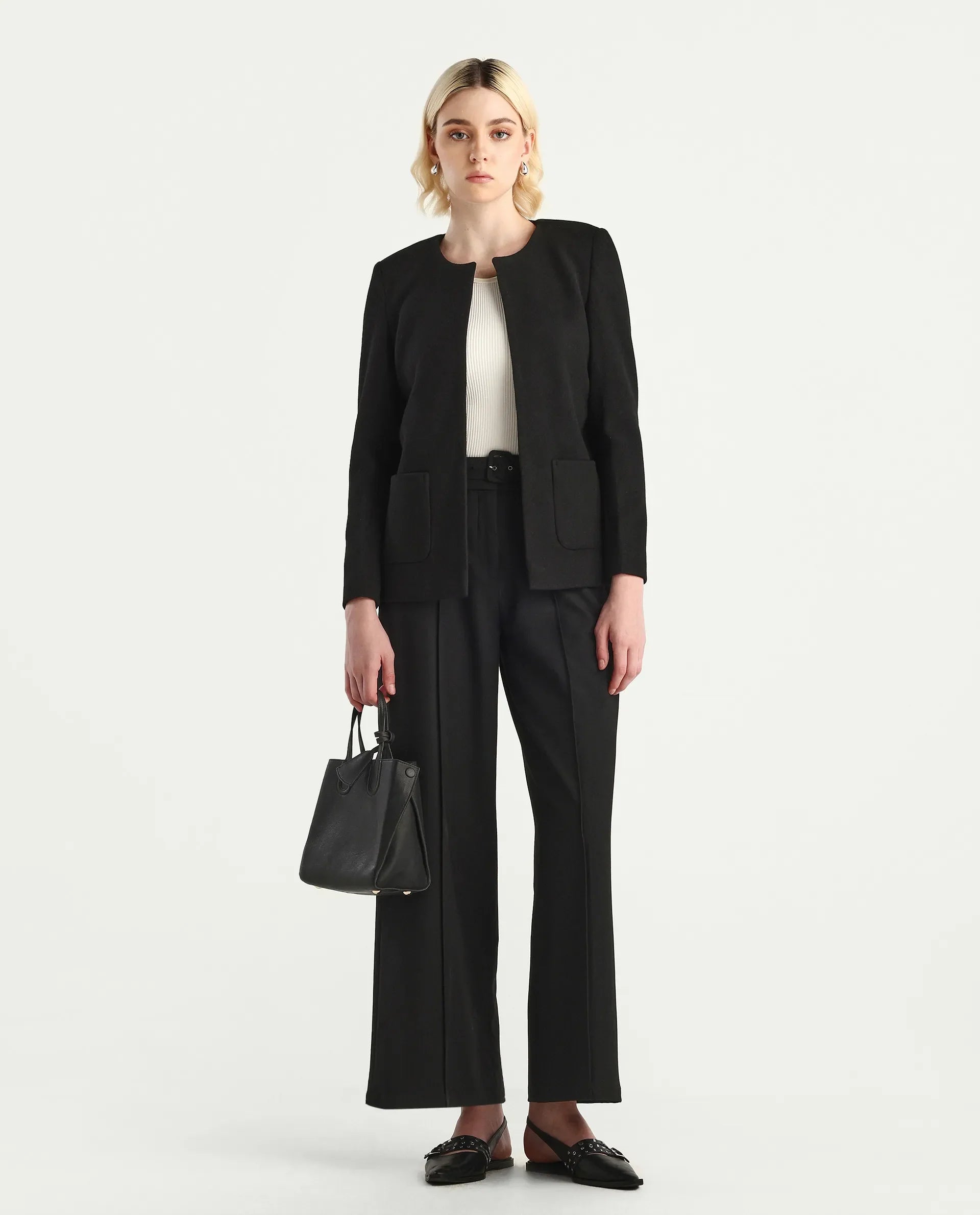 Rareism Women's Nexmar Black Polyester Blend Round Plain Jacket Fit Plain Jacket