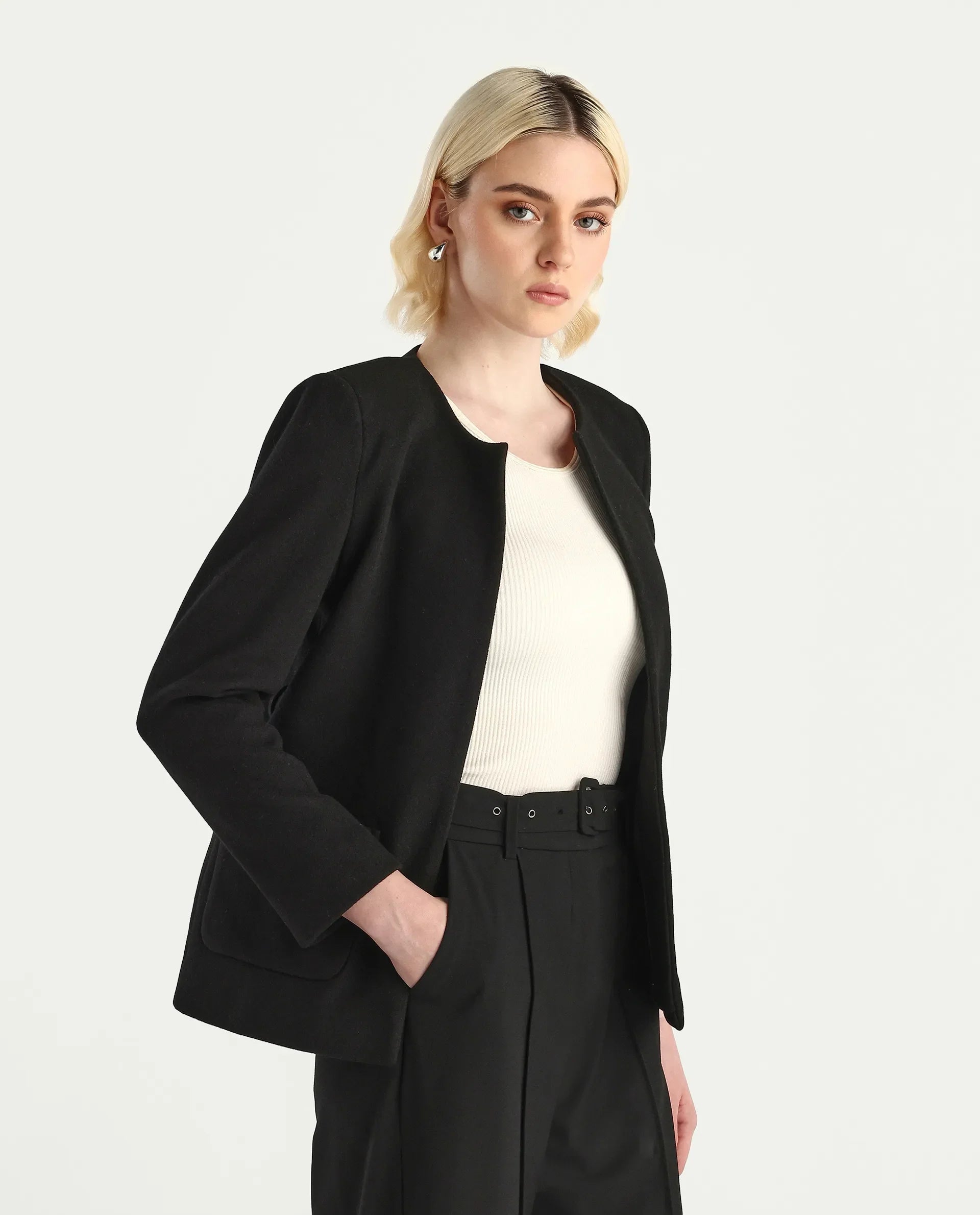 Rareism Women's Nexmar Black Polyester Blend Round Plain Jacket Fit Plain Jacket