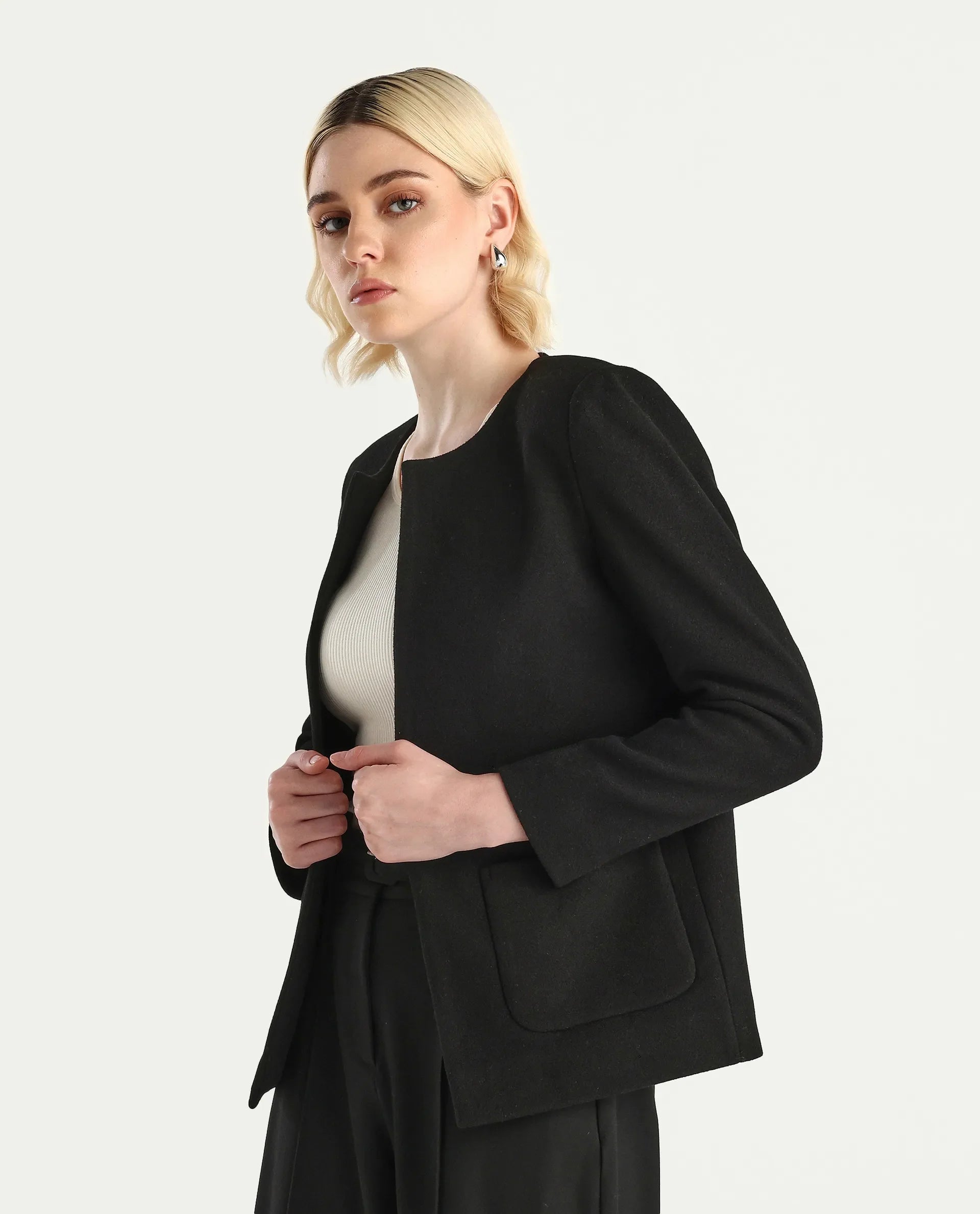 Rareism Women's Nexmar Black Polyester Blend Round Plain Jacket Fit Plain Jacket