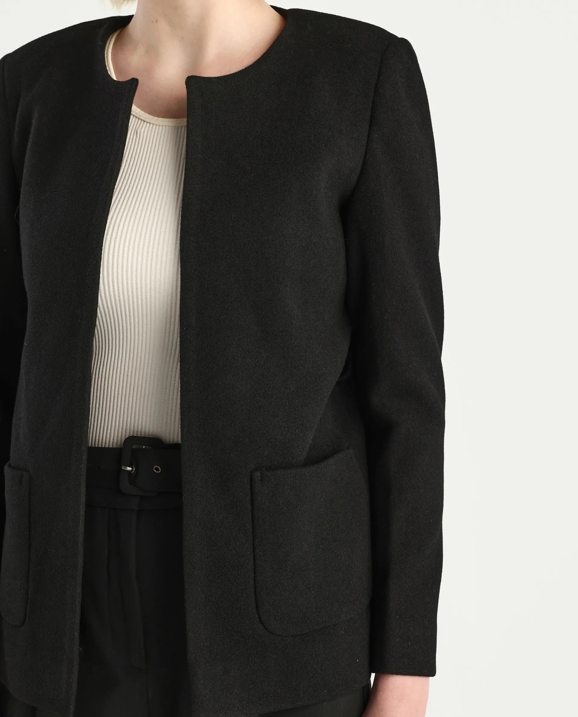 Rareism Women's Nexmar Black Polyester Blend Round Plain Jacket Fit Plain Jacket