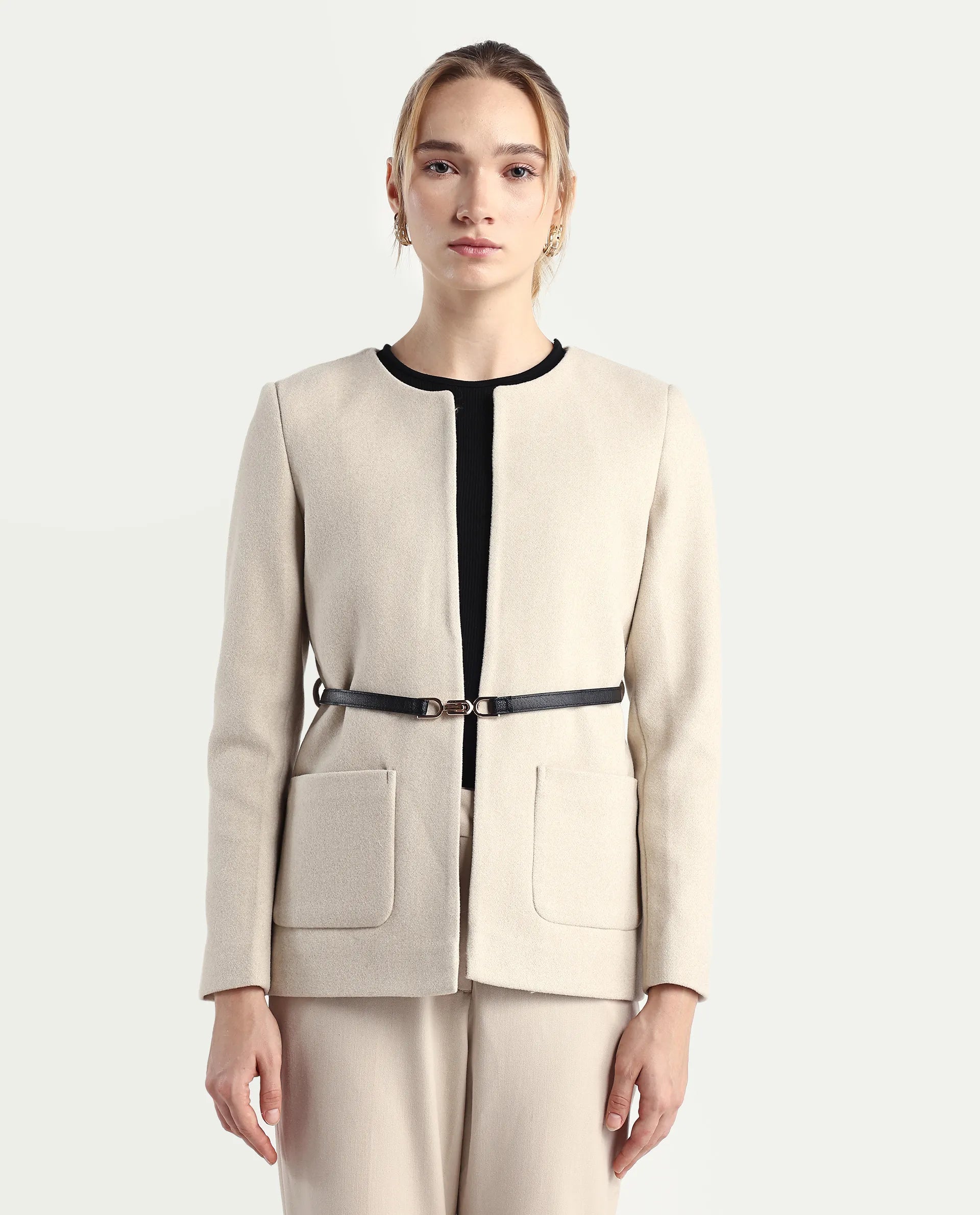 Rareism Women's Nexmar Off White Polyester Blend Jacket Plain Jacket