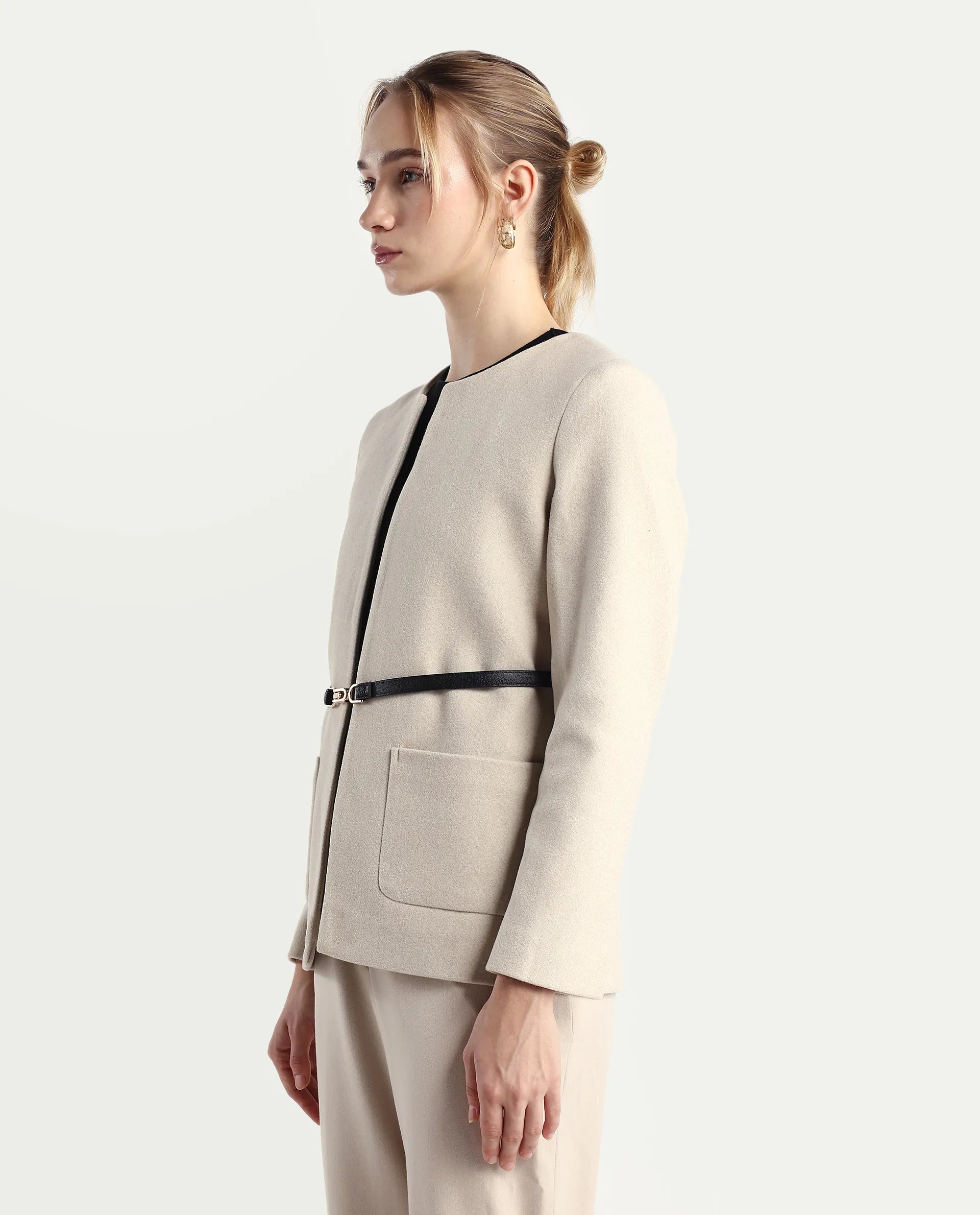 Rareism Women's Nexmar Off White Polyester Blend Jacket Plain Jacket