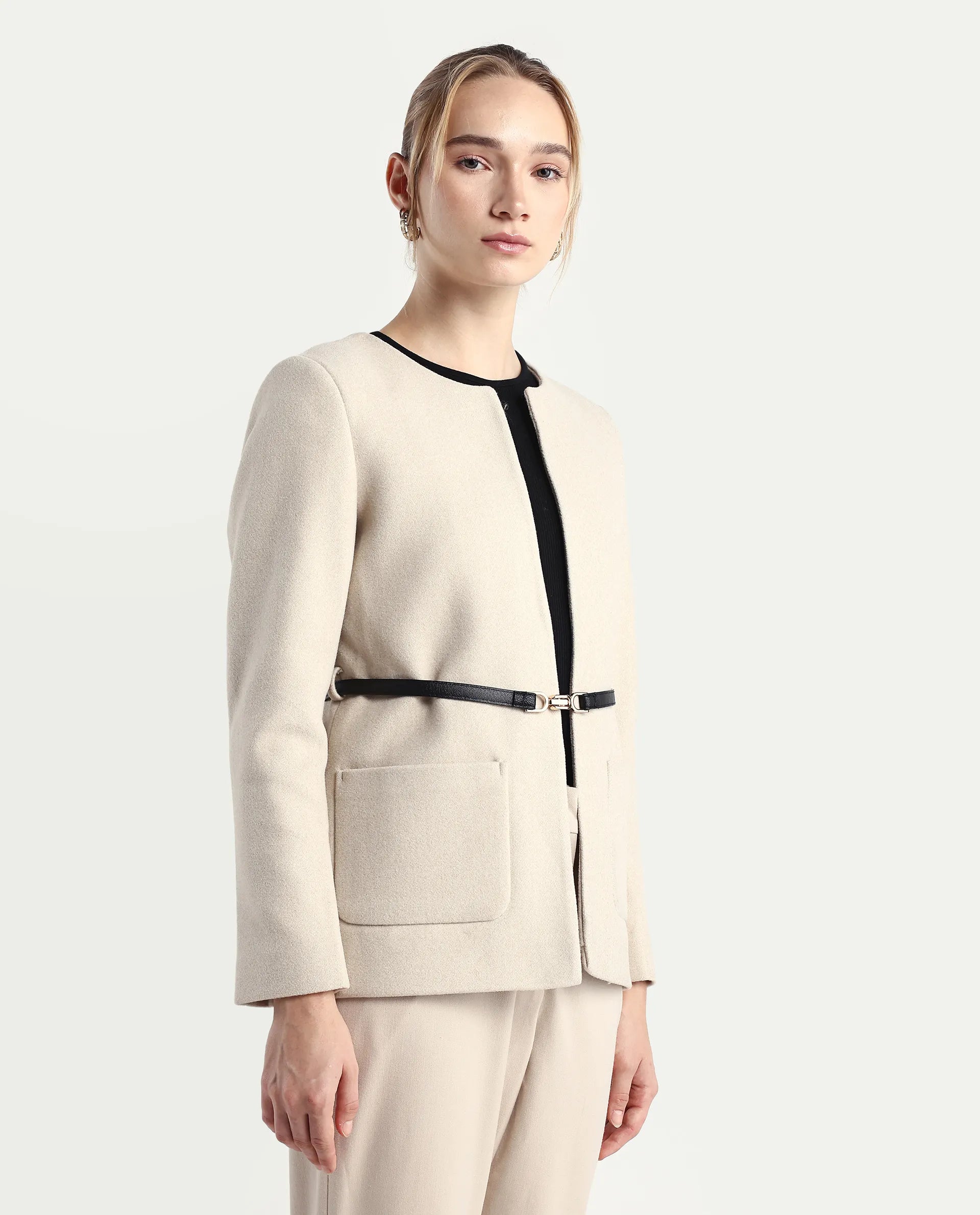 Rareism Women's Nexmar Off White Polyester Blend Jacket Plain Jacket