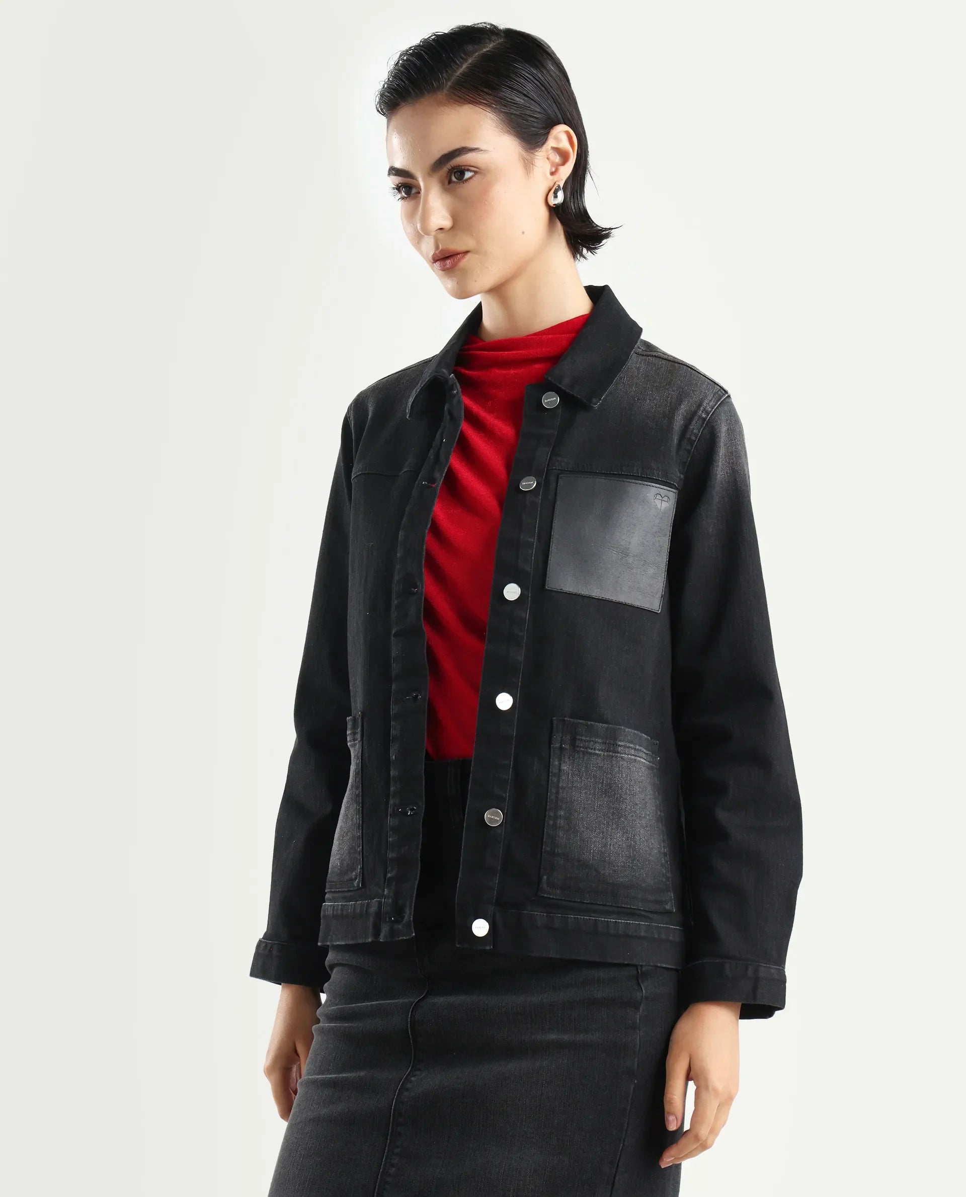Rareism Women's Nexus Black Cotton Blend Spread Collar Plain Cuffed Sleeve Boxy Fit Jacket