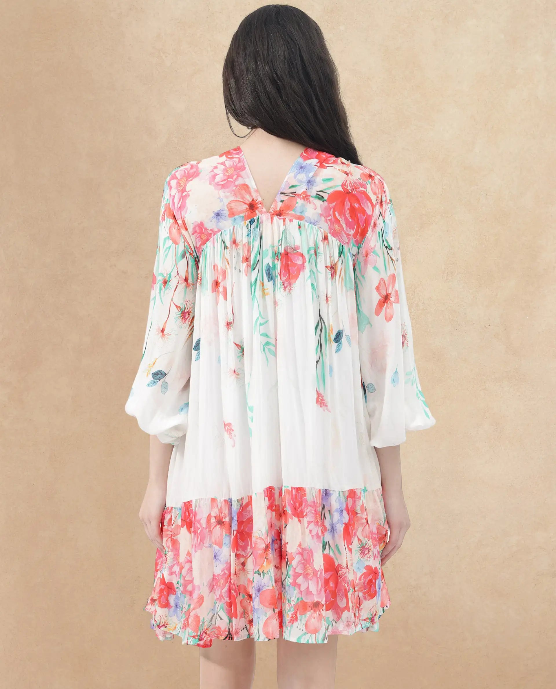 Rareism Women's Nicheo Multi Viscose V-Neck Floral Print Extended Sleeves Knee Length Flared Dress