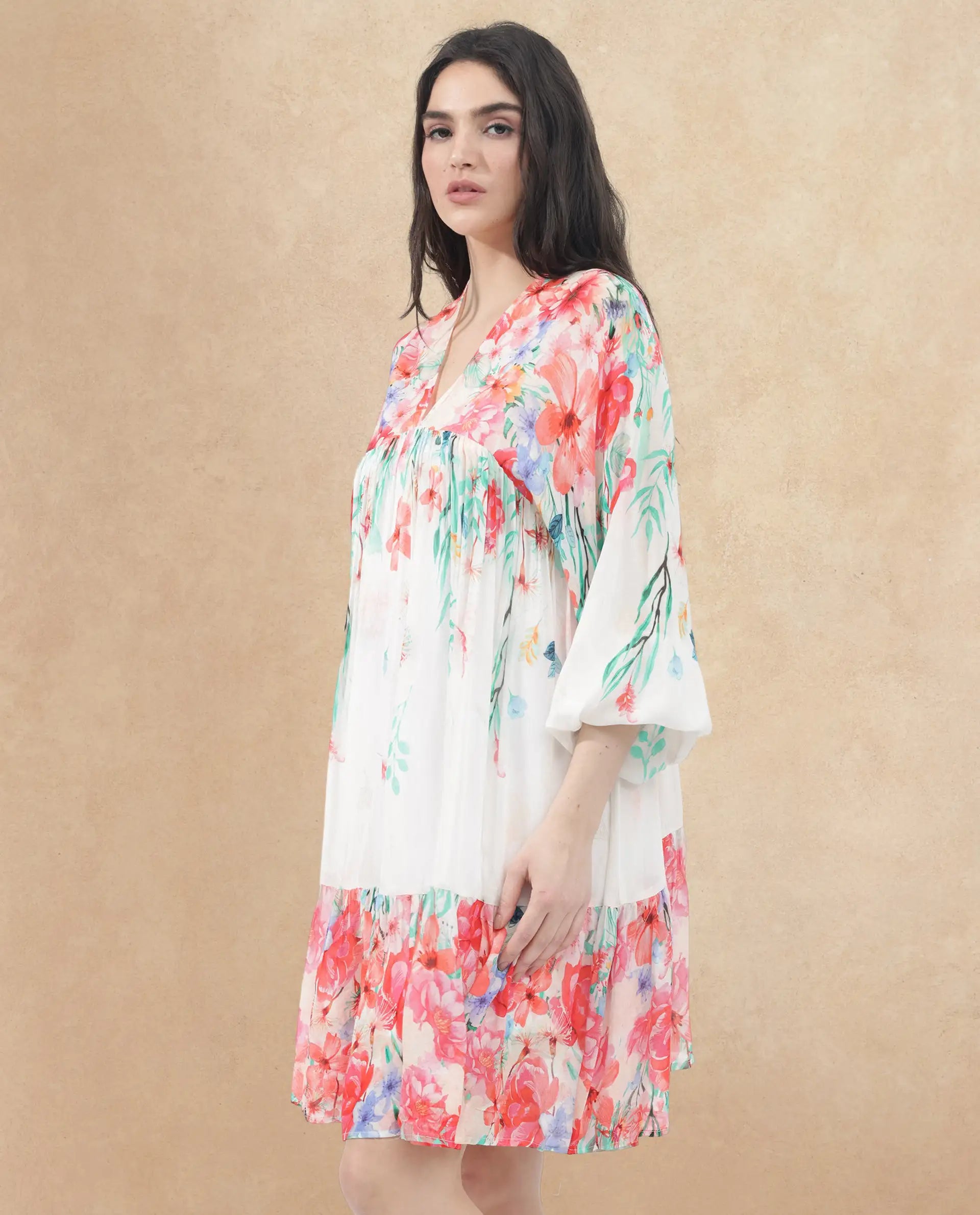 Rareism Women's Nicheo Multi Viscose V-Neck Floral Print Extended Sleeves Knee Length Flared Dress