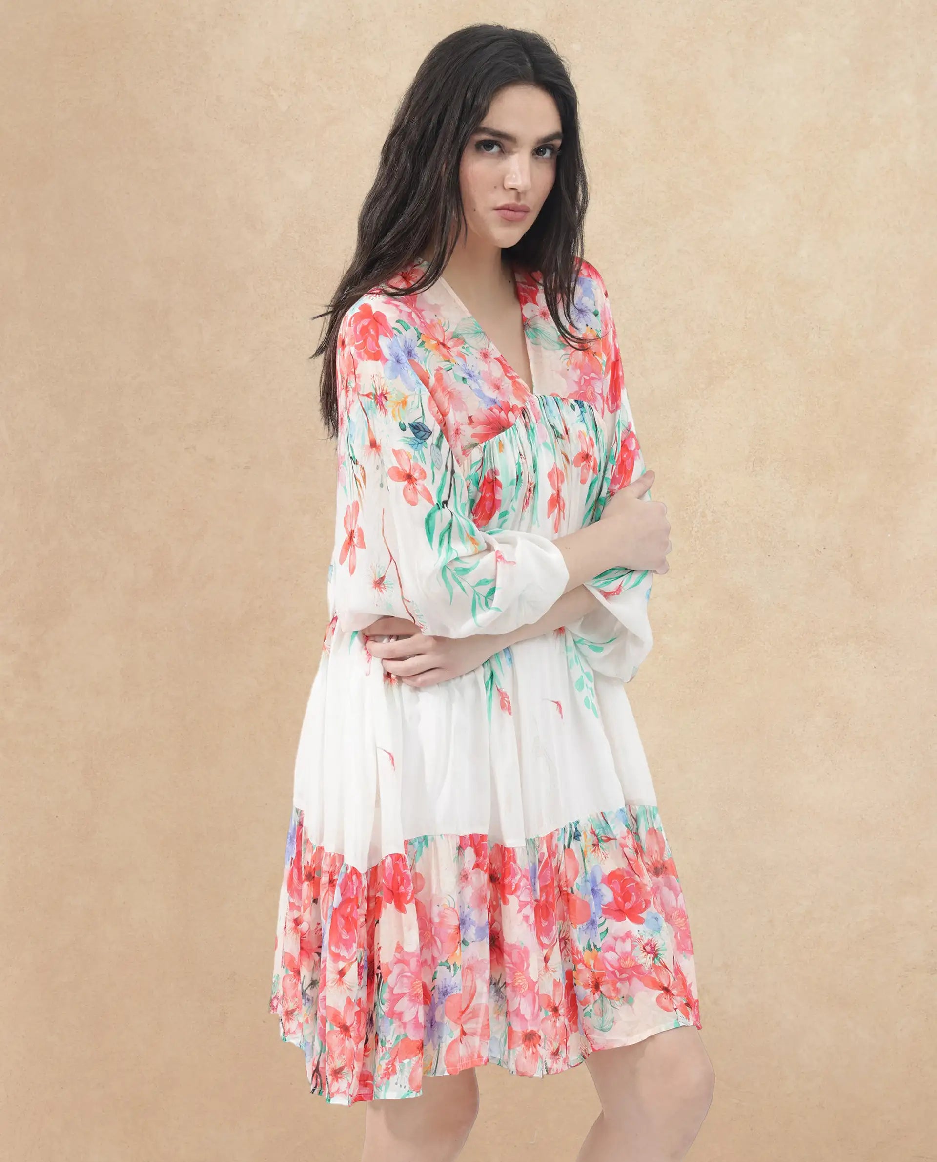 Rareism Women's Nicheo Multi Viscose V-Neck Floral Print Extended Sleeves Knee Length Flared Dress