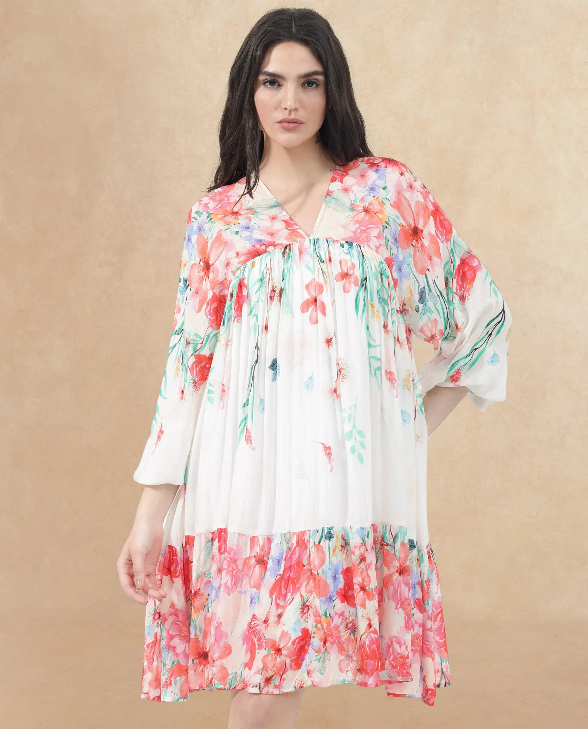 Rareism Women's Nicheo Multi Viscose V-Neck Floral Print Extended Sleeves Knee Length Flared Dress