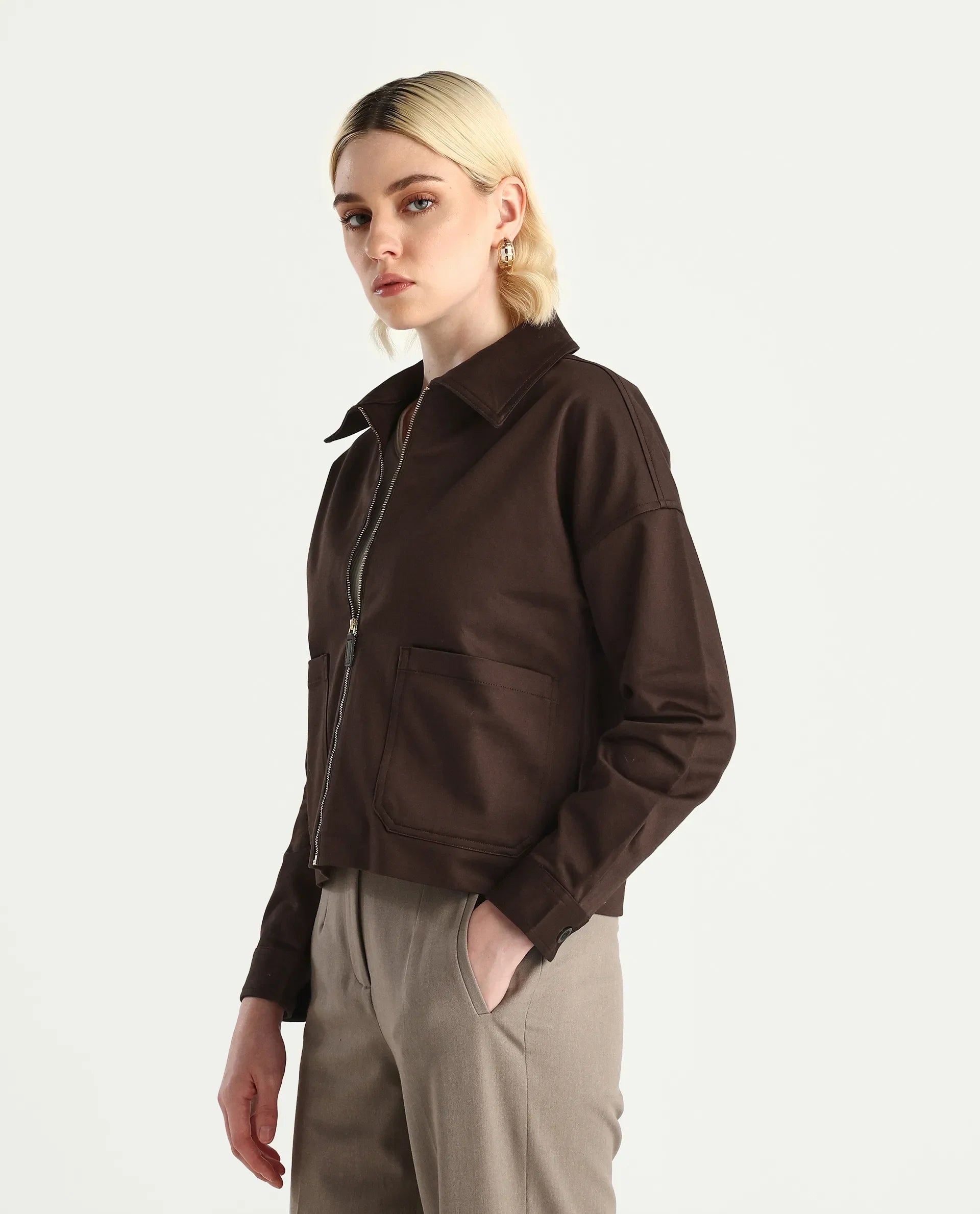Rareism Women's Nicolin Brown Cotton Blend Spread Collar Relaxed Fit Jacket