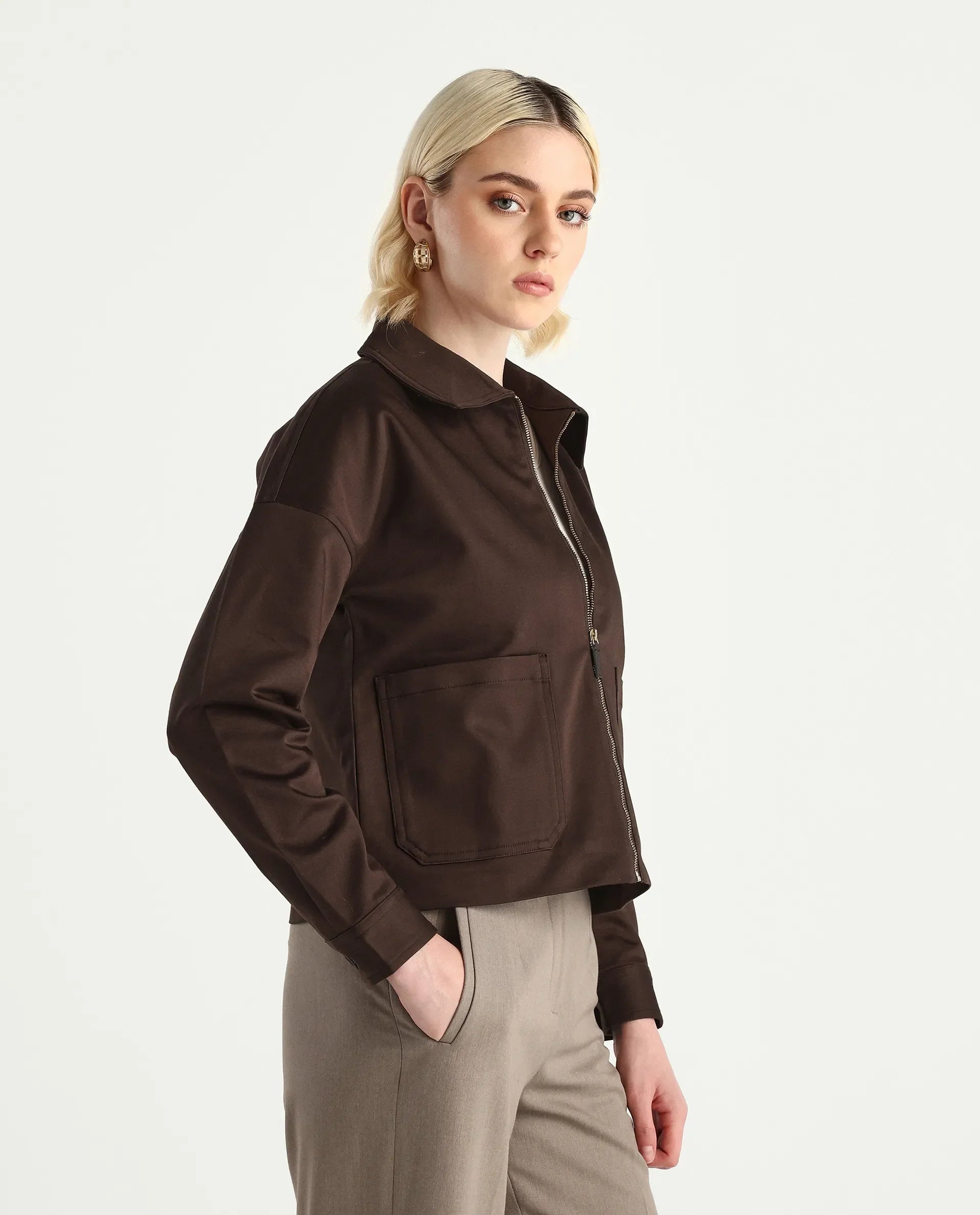 Rareism Women's Nicolin Brown Cotton Blend Spread Collar Relaxed Fit Jacket