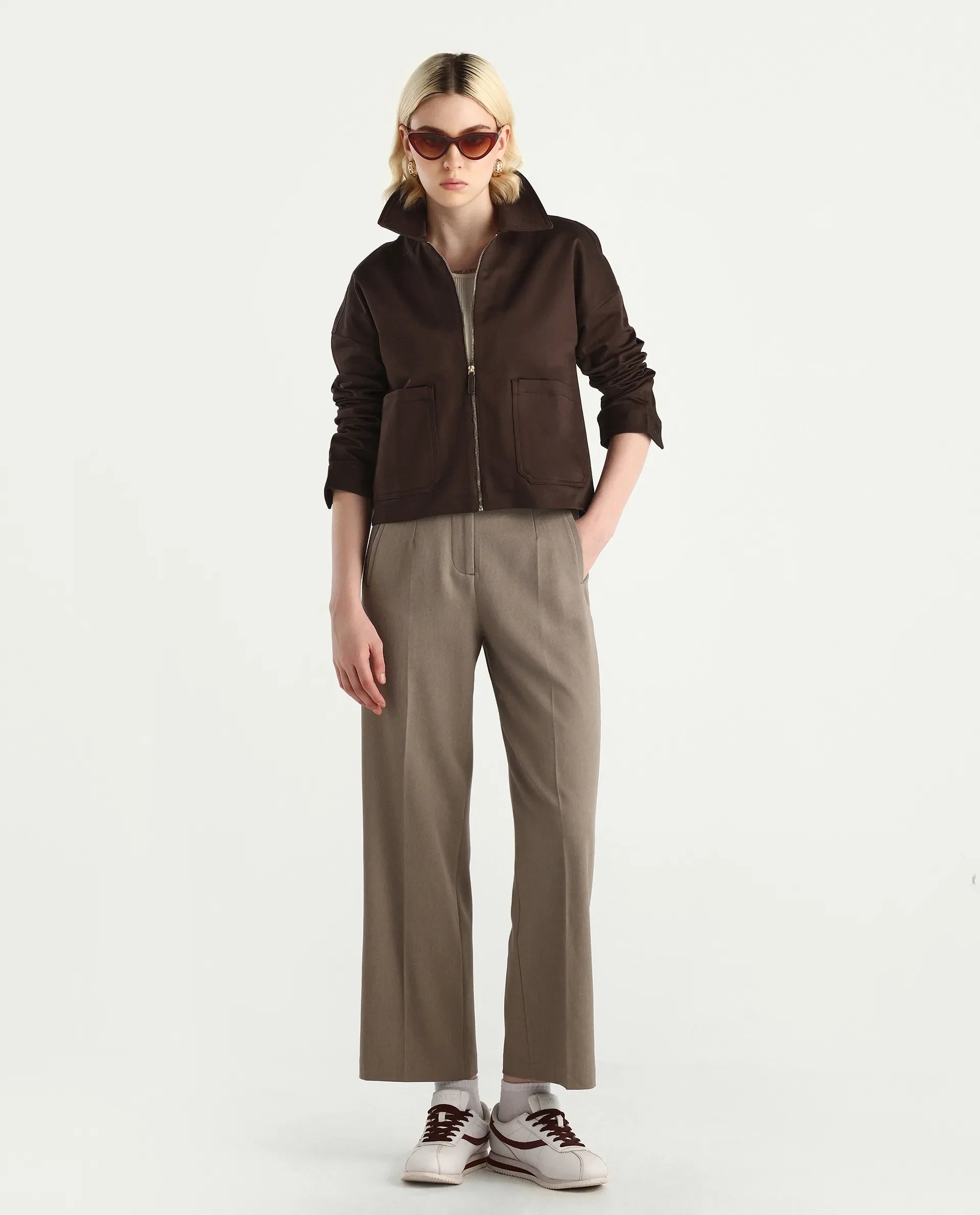 Rareism Women's Nicolin Brown Cotton Blend Spread Collar Relaxed Fit Jacket